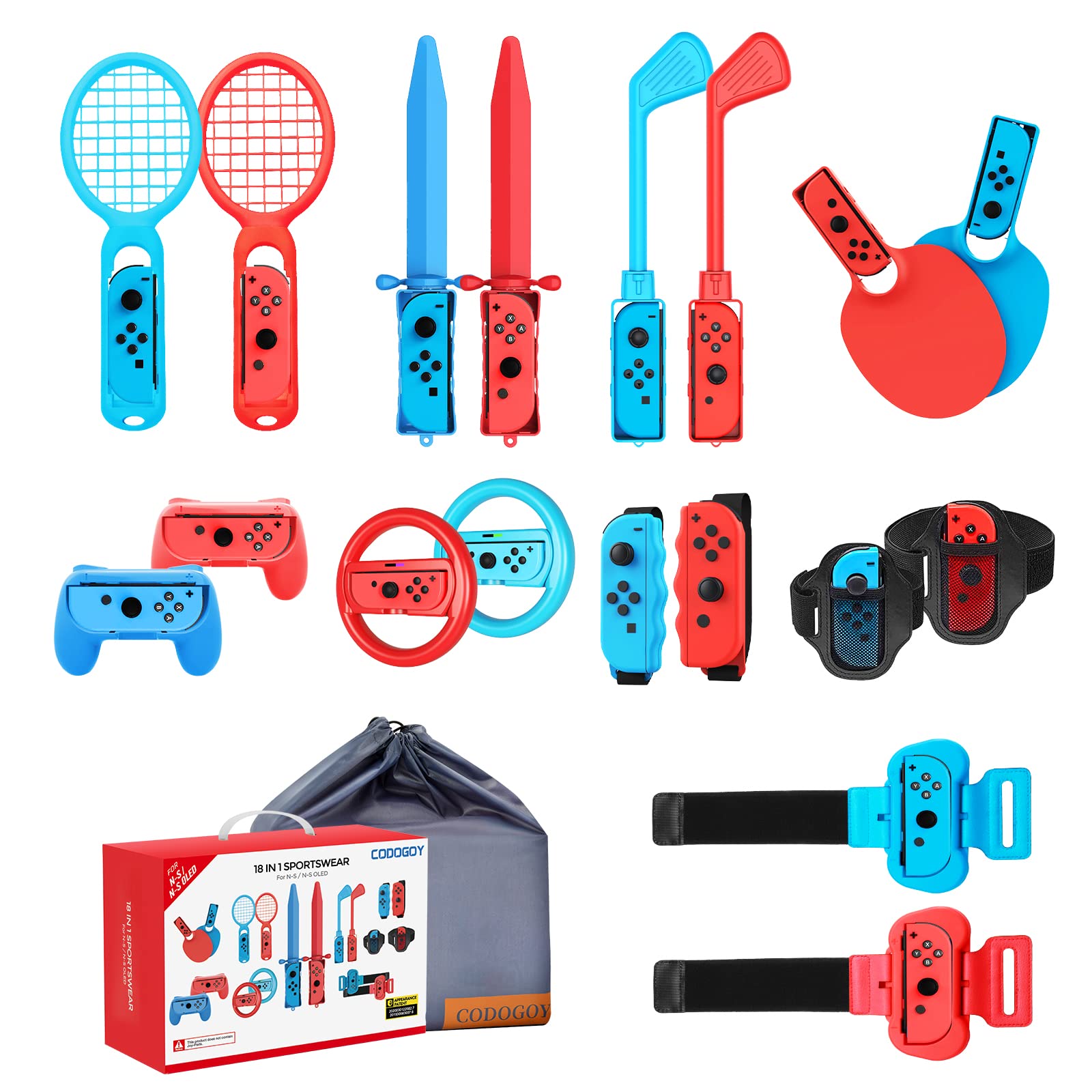 CODOGOY 18-in-1 Nintendo Switch Sports Accessories Bundle with Carry Bag - Compatible with Switch & Switch OLED for Multiplayer Family Games - Perfect for Party Play, Travel & Indoor Sports Fun
