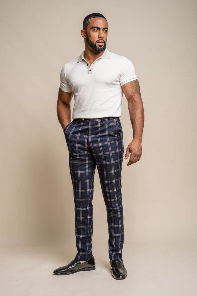 Cavani Hardy Navy Check Slim Fit Trousers for Men - Stylish Business Casual Pants for Office, Work & Formal Occasions