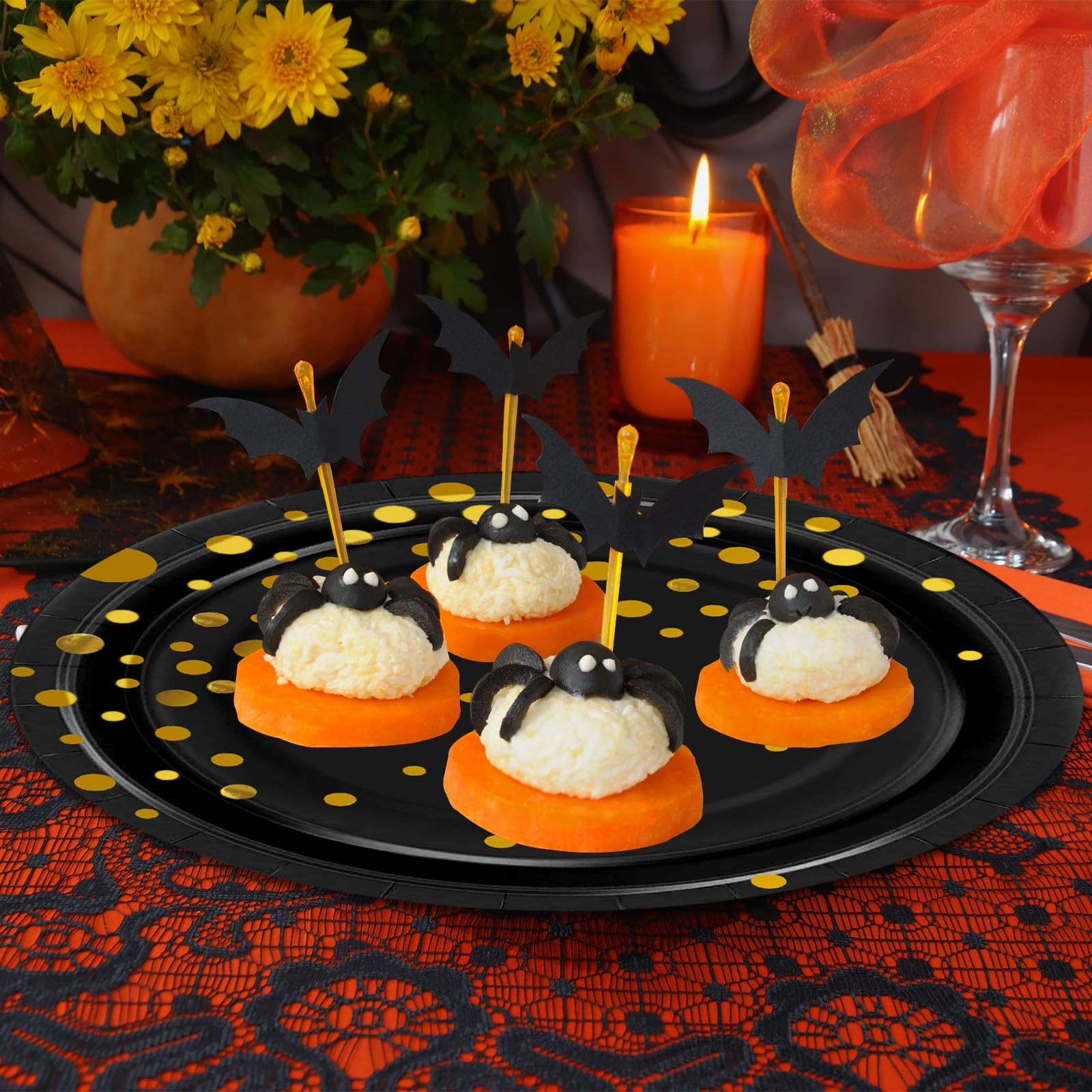 Black and Gold Disposable Paper Dessert Plates 7 Inch (50-Pack) - Elegant Gold Dot Cake Plates for Parties, Halloween, Birthdays & Special Events - Perfect for Desserts, Snacks & Beautiful Party Decorations