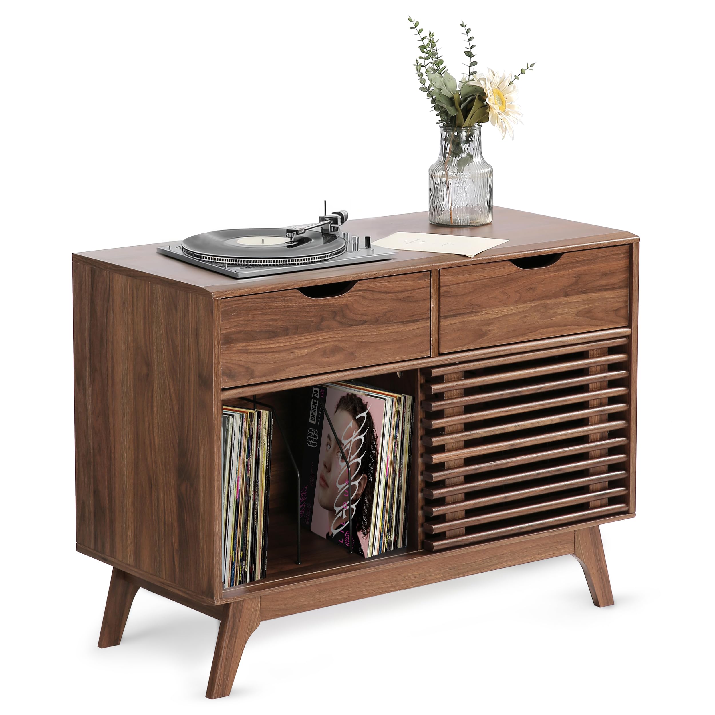 Houseables Vintage Record Player Cabinet - Mid Century Modern Vinyl Storage & Display Console with Turntable Stand - Perfect for Living Room, Home Theater & Music Lover's Den