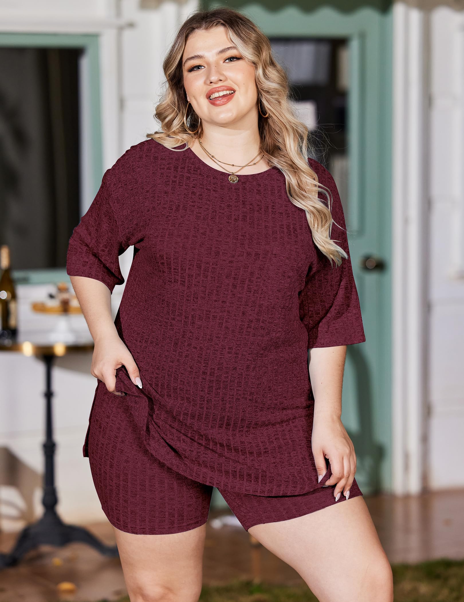 IN'VOLAND Women's Plus Size 2 Piece Ribbed Knit Tracksuit Set - Short Sleeve Top & Drawstring Casual Shorts Outfit for Lounge, Gym, and Summer Travel