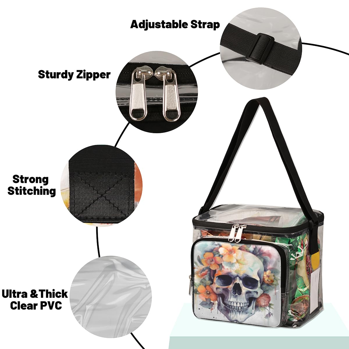 GzLeyigou Sugar Skull Flowers Clear Tote Bag with Handles - Transparent Crossbody Shoulder Bag for Lunch, Outdoor, Travel, Picnic, Concerts & Sports Events - Stadium Approved Multi-Purpose Clear Bag (Perfect for Festivals, Beach Trips and Theme Parties)