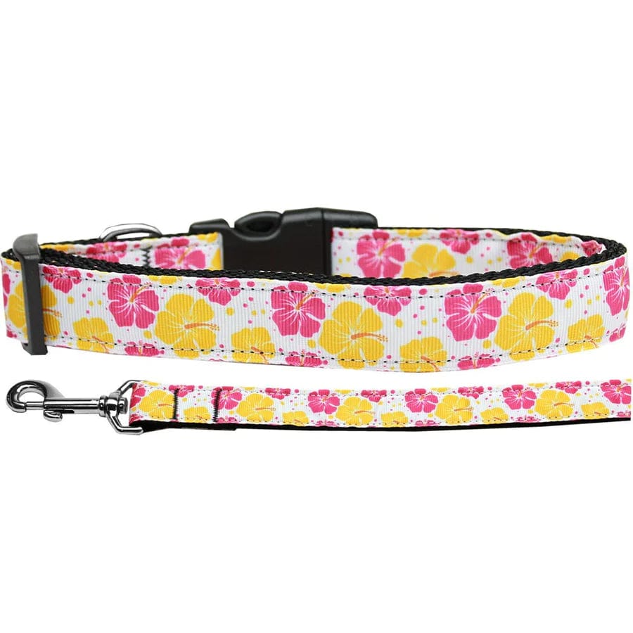 Premium Hibiscus Flower Dog Collar and Leash Set - Adjustable Pet Accessories for Small Medium Large Dogs - Tropical Floral Design for Beach, Vacation & Summer Outings