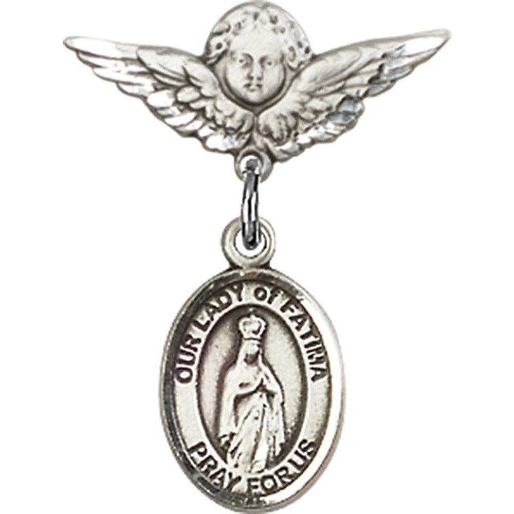 Authentic Sterling Silver Baby Badge - Our Lady of Fatima Charm & Angel Wing Pin (7/8