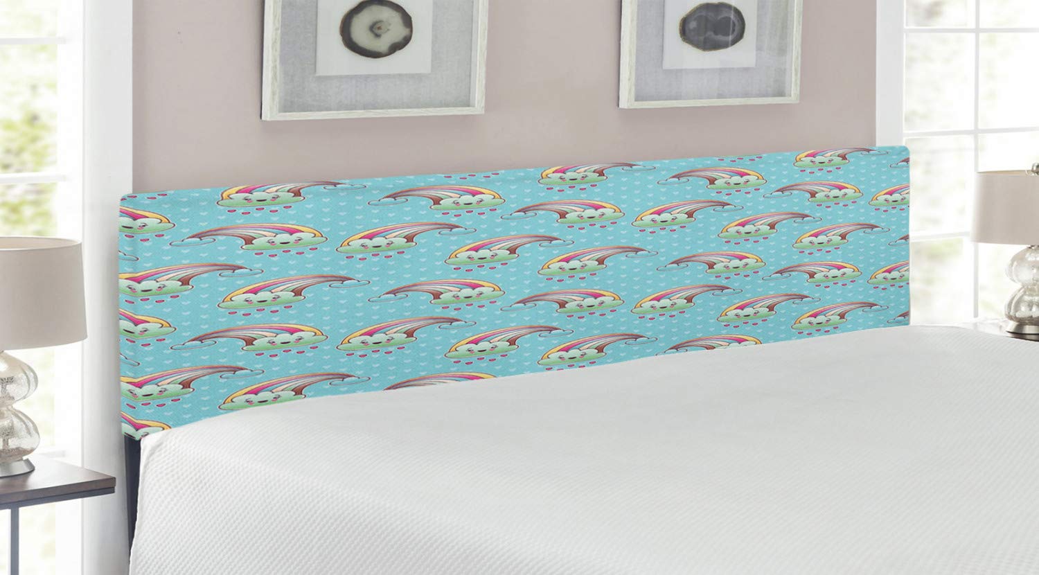 Ambesonne Anime King Size Headboard - Cartoon Rainbow Clouds with Smiling Faces on Pale Blue Background, Upholstered Decorative Metal Bed Frame with Memory Foam Support | Perfect for Anime Lovers' Bedroom, Kids Room Decor & Themed Guest Rooms