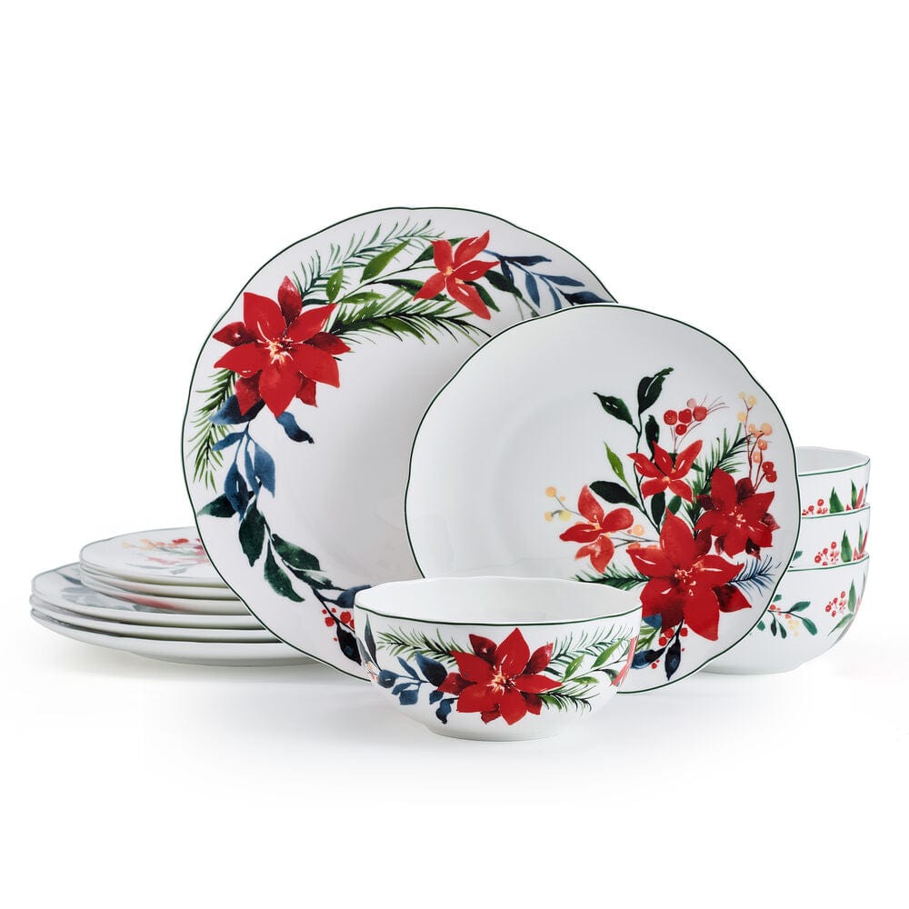 Merry Poinsettia 12-Piece Dinnerware Set - Service for 4 People - Elegant Holiday Tableware for Christmas Dinner & Festive Gatherings
