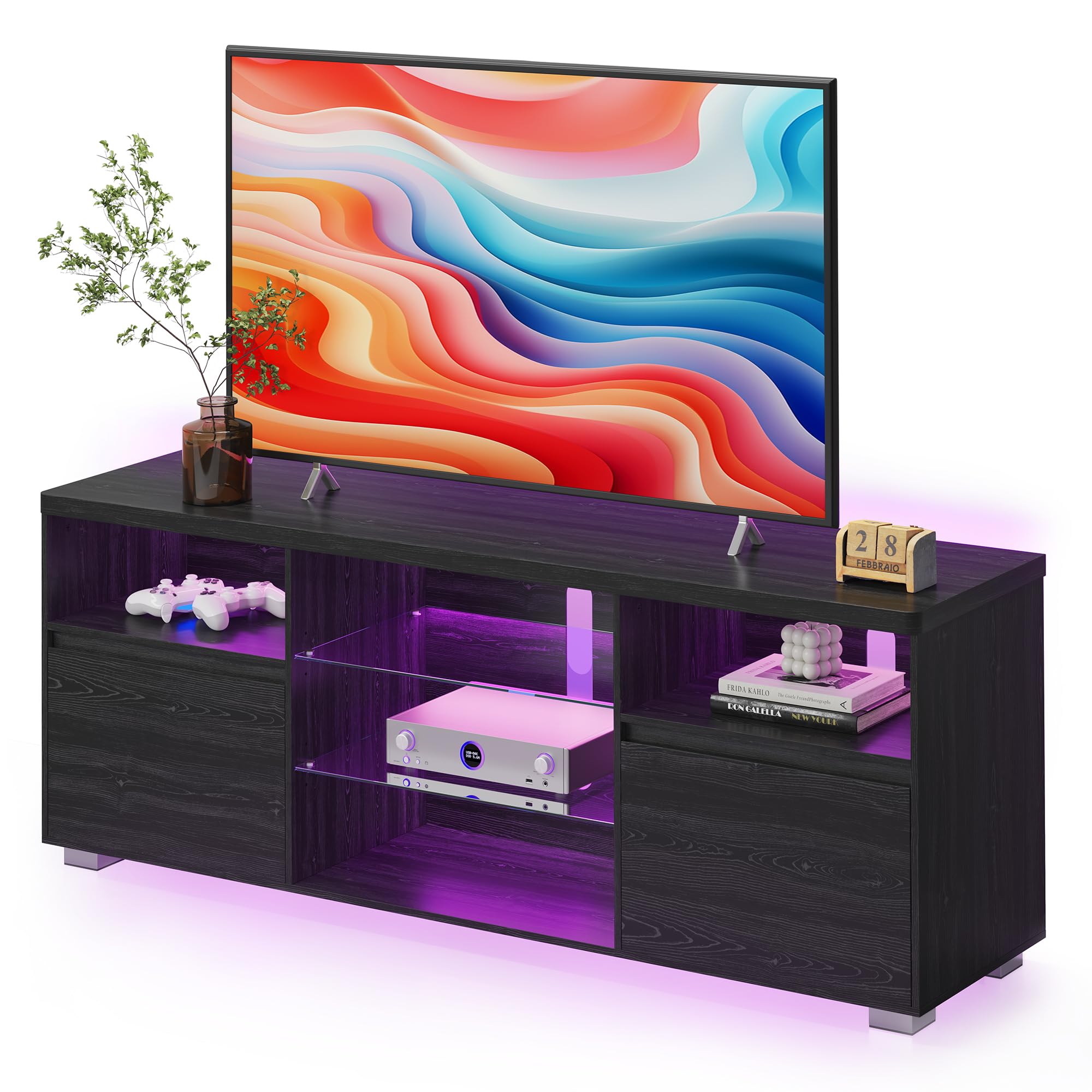 VASAGLE 63-Inch TV Stand with LED Lights for 70 Inch TVs, Modern Entertainment Center with Open Glass Shelves & 2 Storage Cabinets - Black ULTV330T21 | Perfect for Living Room, Bedroom & Home Theater Setup