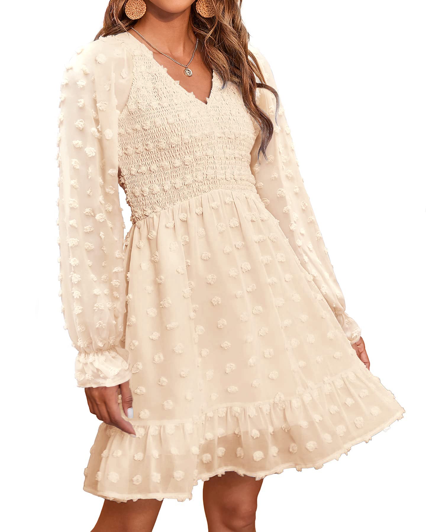 BTFBM Women's Smocked Short Dress - V Neck Long Sleeve Swiss Dot Ruffle Chiffon Flowy Mini Dress for Spring Summer 2025 | Casual Party, Date Night, Beach Cover Up, Vacation Outfit