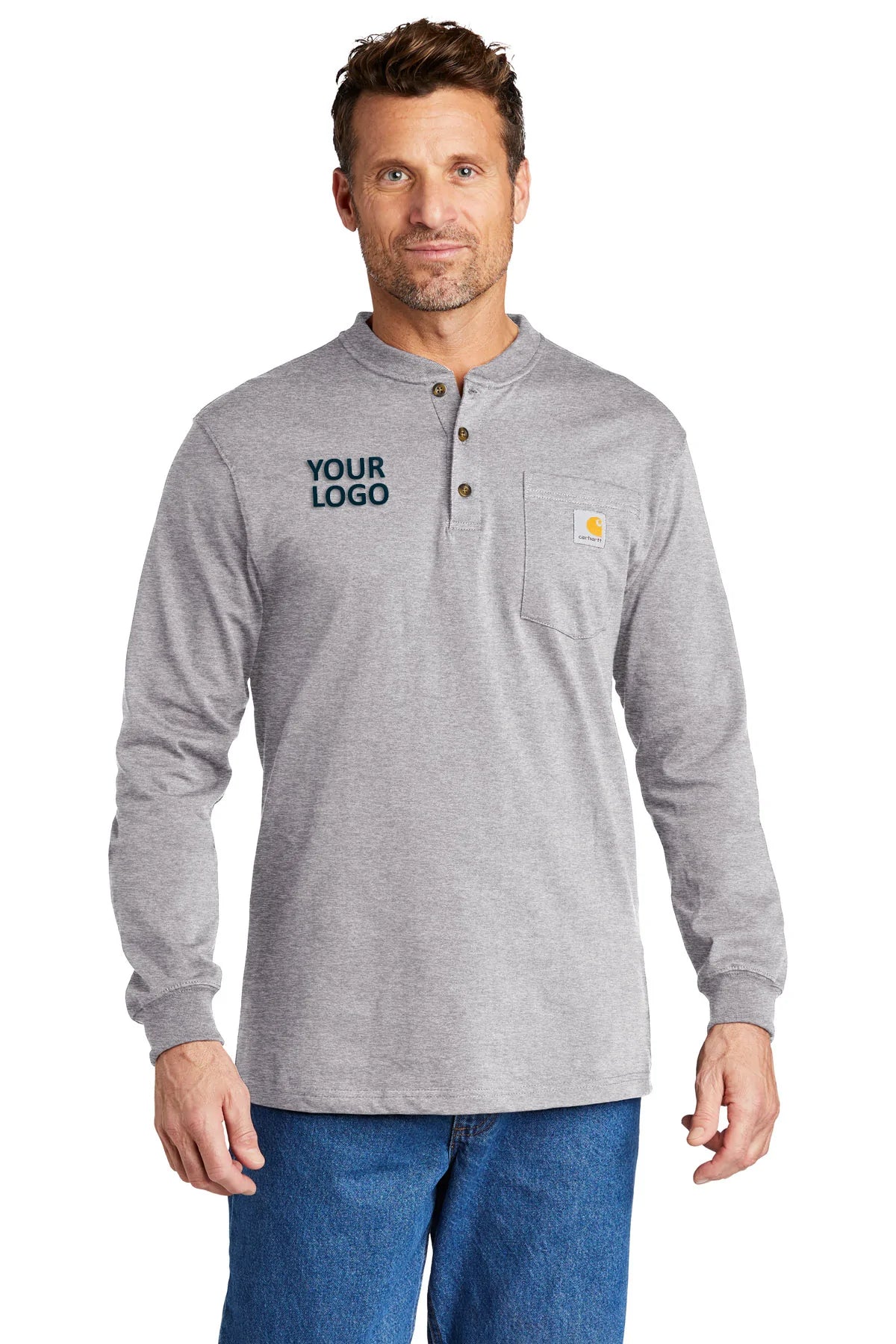 Carhartt Long Sleeve Henley Shirt for Men - Custom Workwear T-Shirt in Heather Grey | Durable Cotton for Construction, Outdoor & Casual Wear