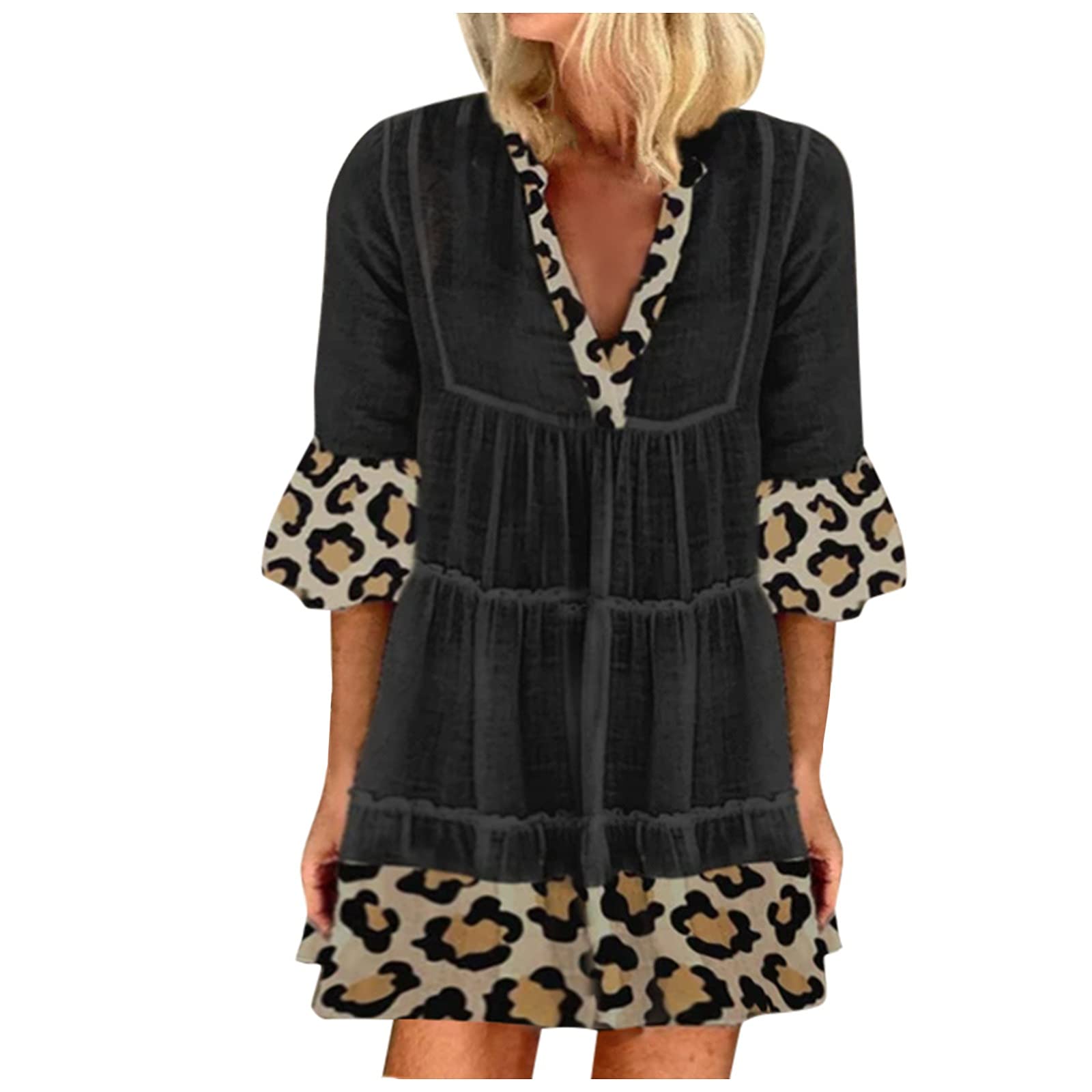 Stylish Loose Leopard Print Cotton Dress for Women - Plus Size Casual Long Sleeve Shoulder Dress - Perfect for Funeral, Party & Everyday Wear