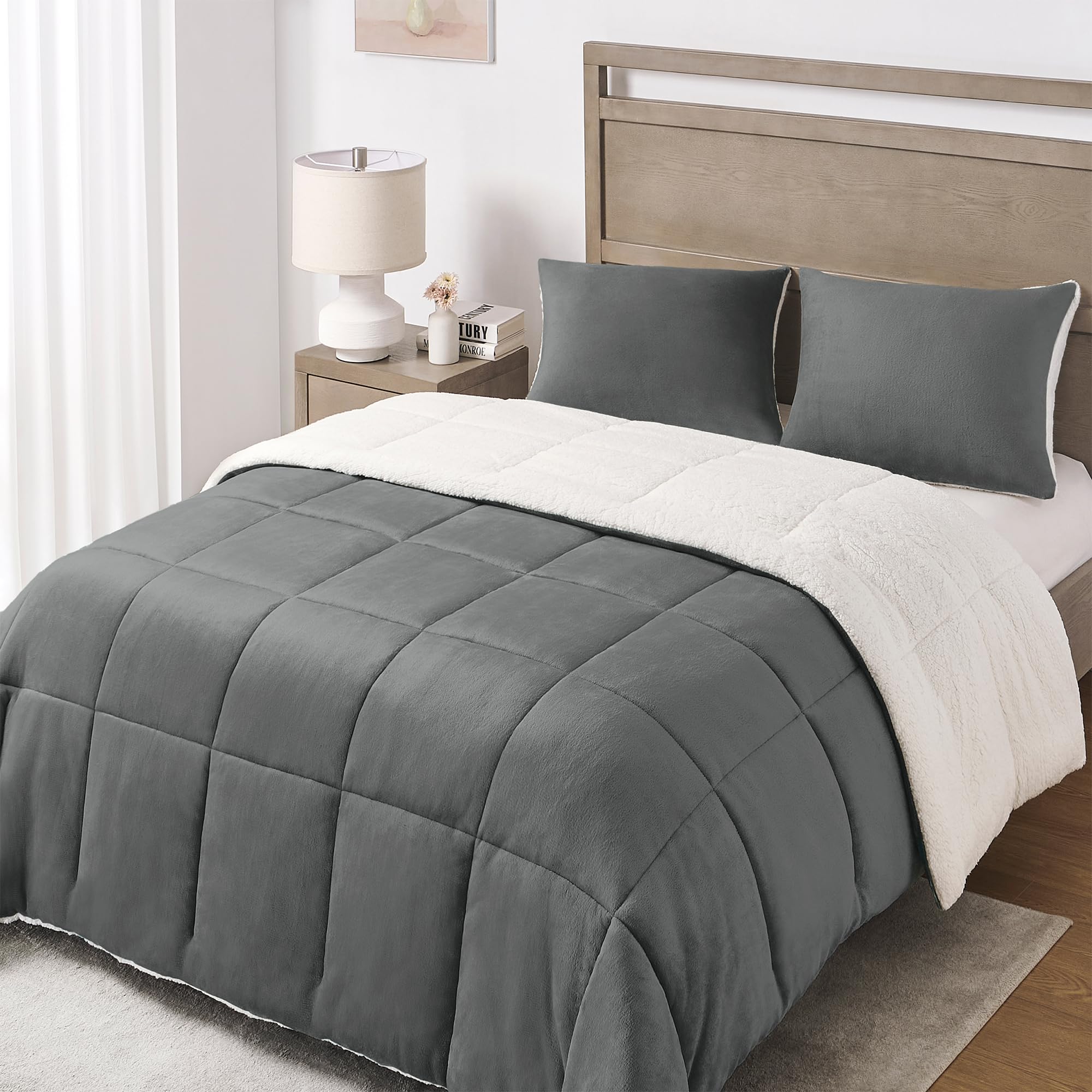 Basic Beyond King Size Comforter Set - Ultra Soft Fleece Sherpa Bedding for Winter, Dark Grey 104x88 Inches | Warm & Cozy King Size Bed Comforter for Cold Nights, Bedroom Decor, and Guest Rooms