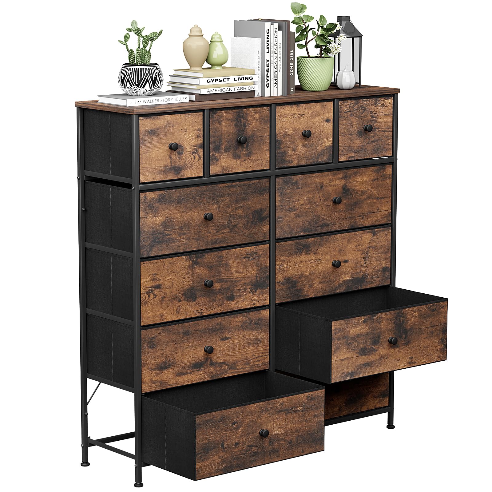 5-Layer Fabric Dresser with 12 Drawers - Tall Chest of Drawers for Bedroom Storage Organizer with Wood Top & Fabric Bins - Rustic Style Dresser for Clothes, Toys, and Home Organization - Perfect for Nursery, Closet, and Living Room Storage