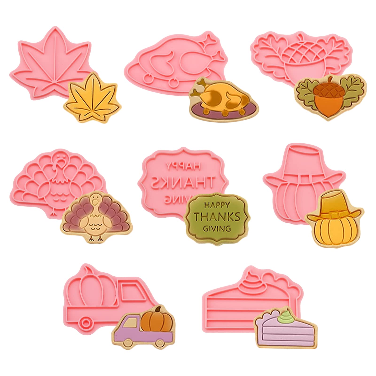8Pcs Thanksgiving Cookie Cutters with Plunger Stamps - 3D Baking Molds for Biscuits, Fondant & Cheese - Perfect for Holiday Baking
