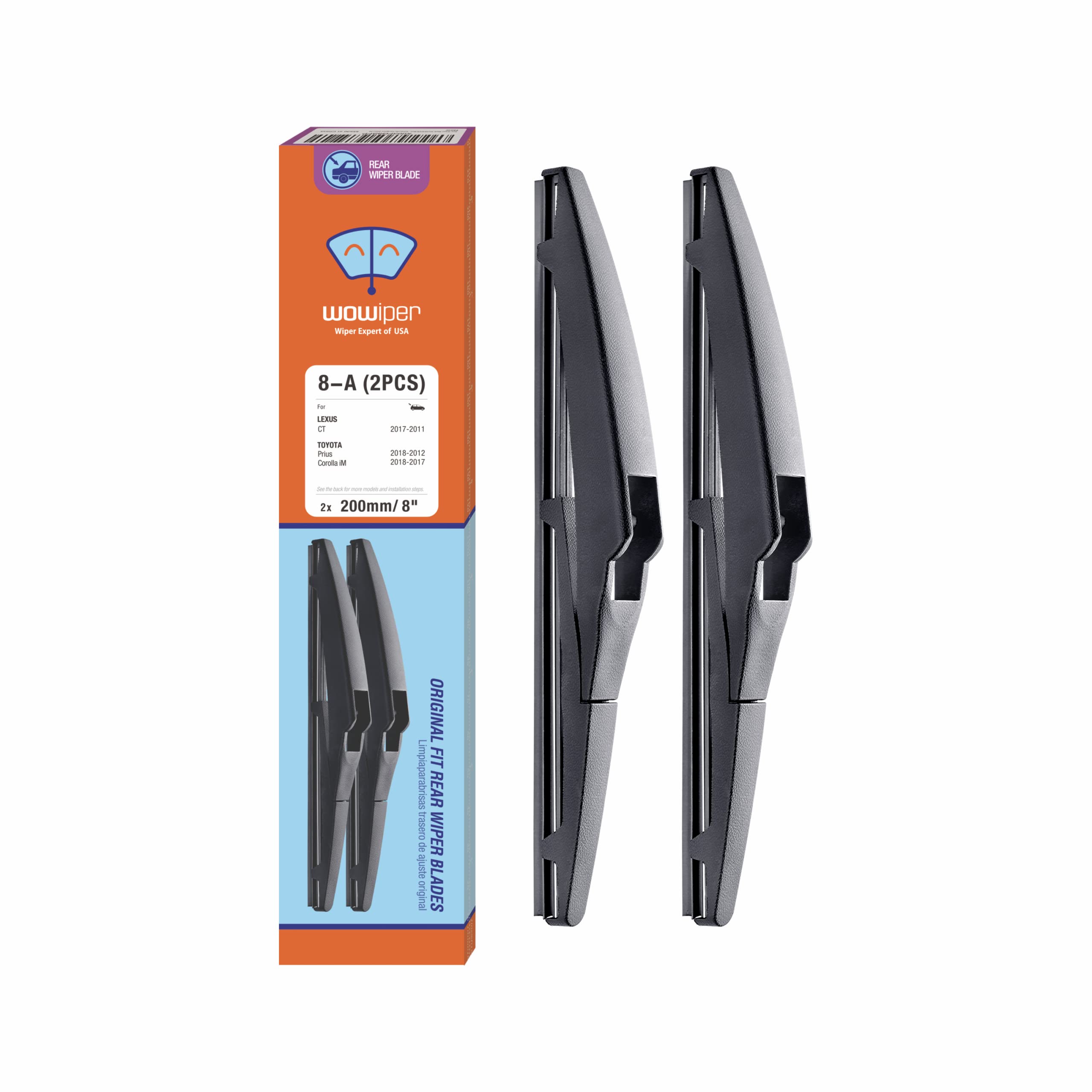 Premium 8-Inch Rear Wiper Blades Replacement for Toyota Prius (2012-2019), Prius C (2012-2016), Lexus CT (2011-2017), Scion xD (2008-2014) - High-Performance Back Windshield Wiper Blades (Pack of 2) - Perfect for Rainy Weather & Winter Driving Conditions
