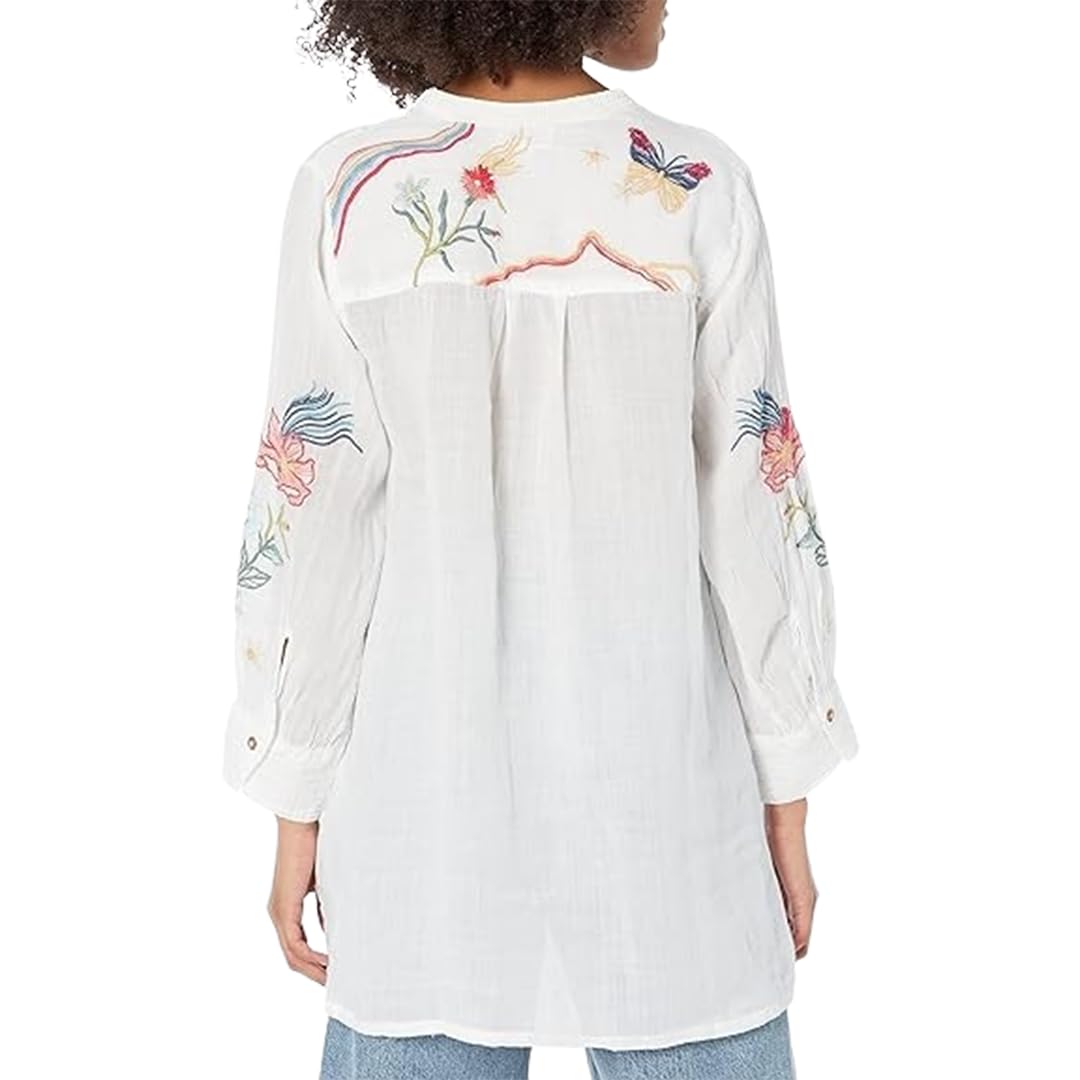 Johnny Was Women's Long Sleeve Contrast Embroidered Tunic Top | Boho Chic Blouse for Casual Wear & Special Occasions