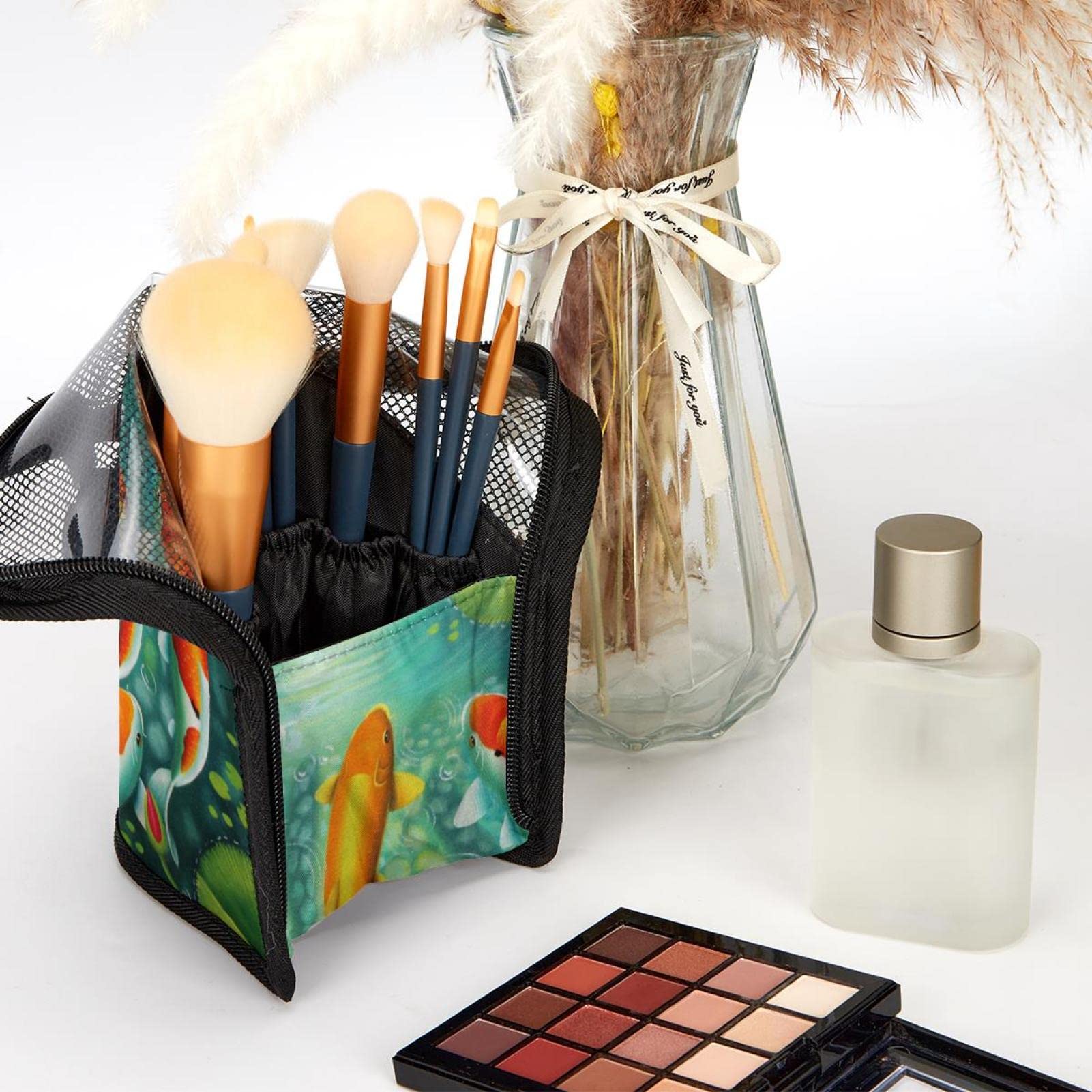 12-Piece Makeup Brush Organizer Bag with Japanese Koi Carp Design - Portable Cosmetic Brush Holder Case for Travel & Home Storage