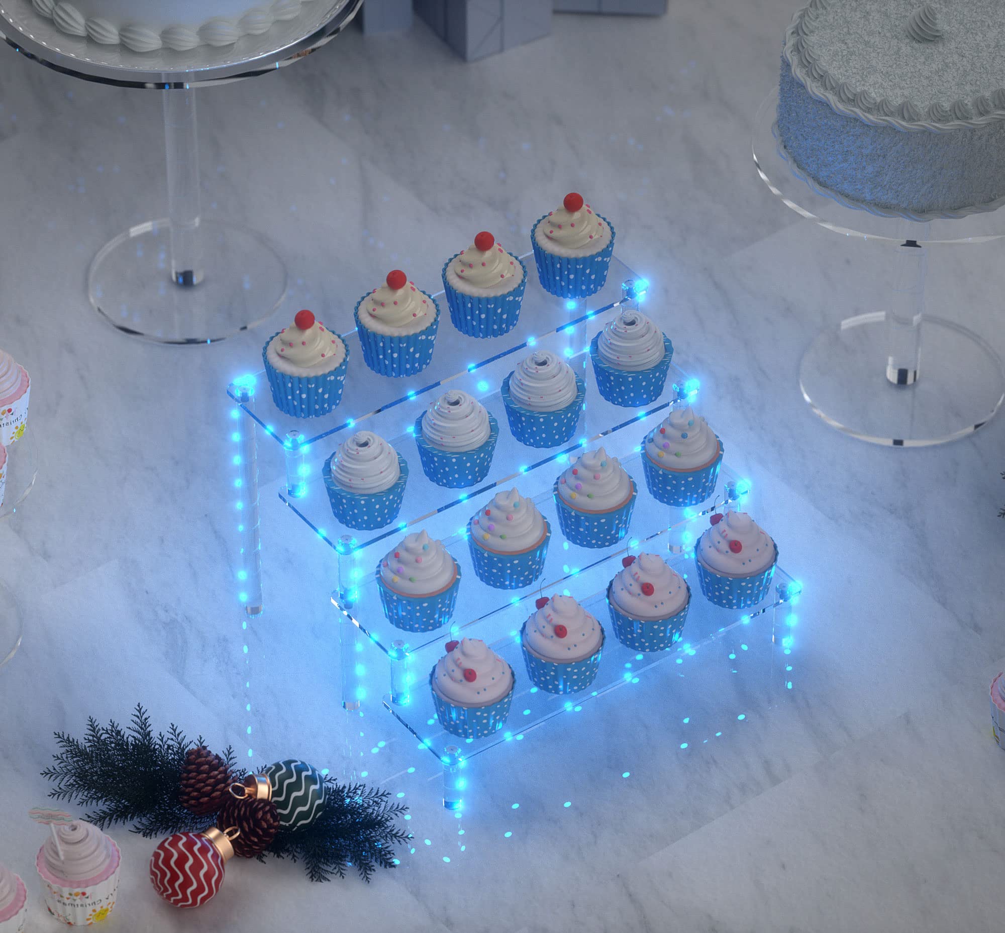 4-Tier Acrylic Riser Display Shelf with Blue LED Lights - Perfect Cupcake Stand, Dessert Display, Cake Pop Holder for Thanksgiving, Parties & Events - Great for Showcasing Cosmetics, Glassware, Figurines & Home Decor