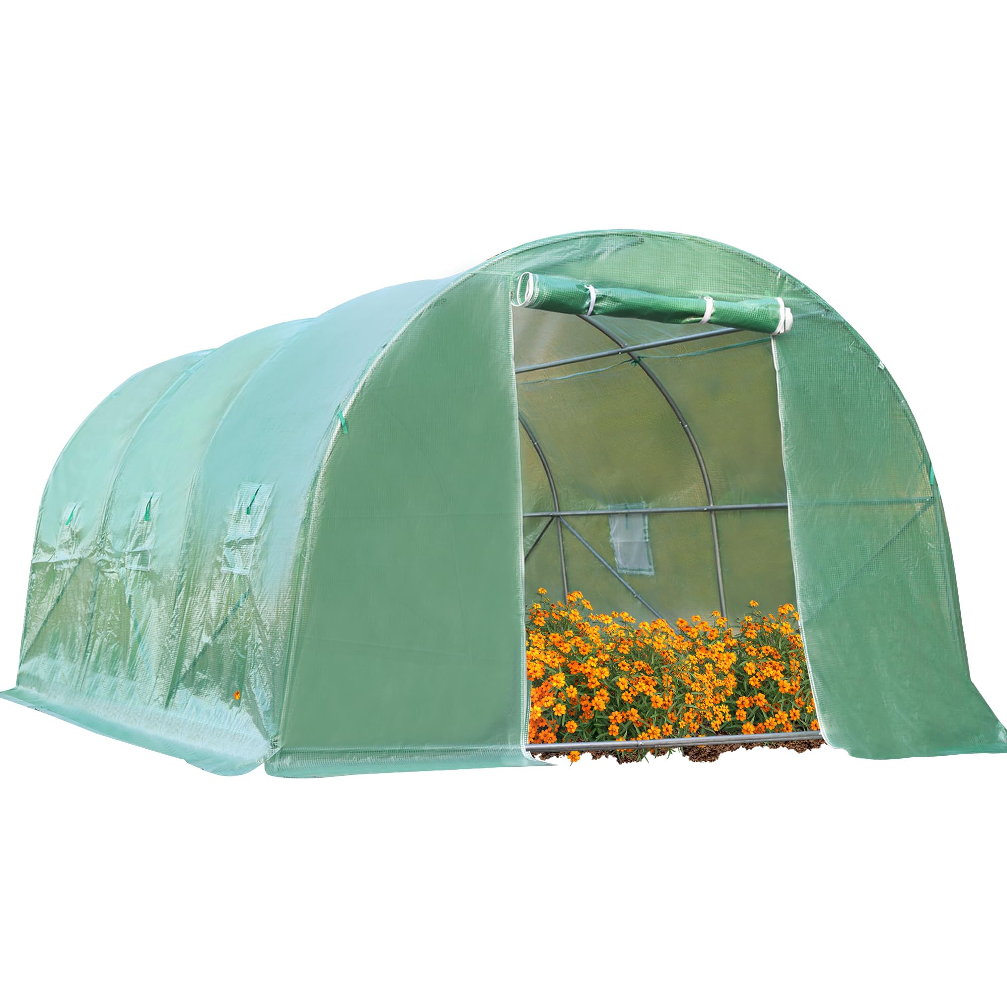 15x7x7FT Portable Greenhouse Tunnel with Sturdy Metal Frame & PE Cover - 6 Retractable Curtains, Double Zippers for Flowers, Plants & Vegetables | Perfect for Backyard Gardening, Urban Farming & Year-Round Plant Protection (Green)