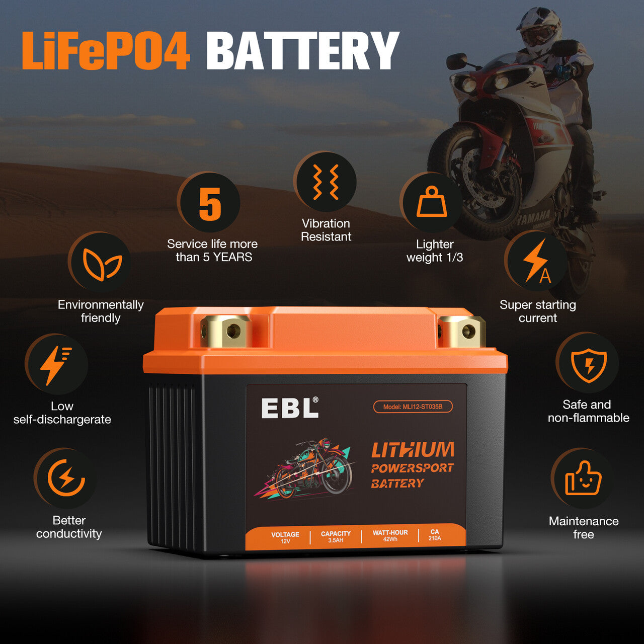 EBL LiFePO4 Lithium Motorcycle Battery 12V 3.5Ah - YTX5L BS Compatible - Lightweight & Long-Lasting Power for Motorcycles, ATVs, Scooters & Powersports Vehicles - Perfect for Off-Road Adventures & Daily Commuting