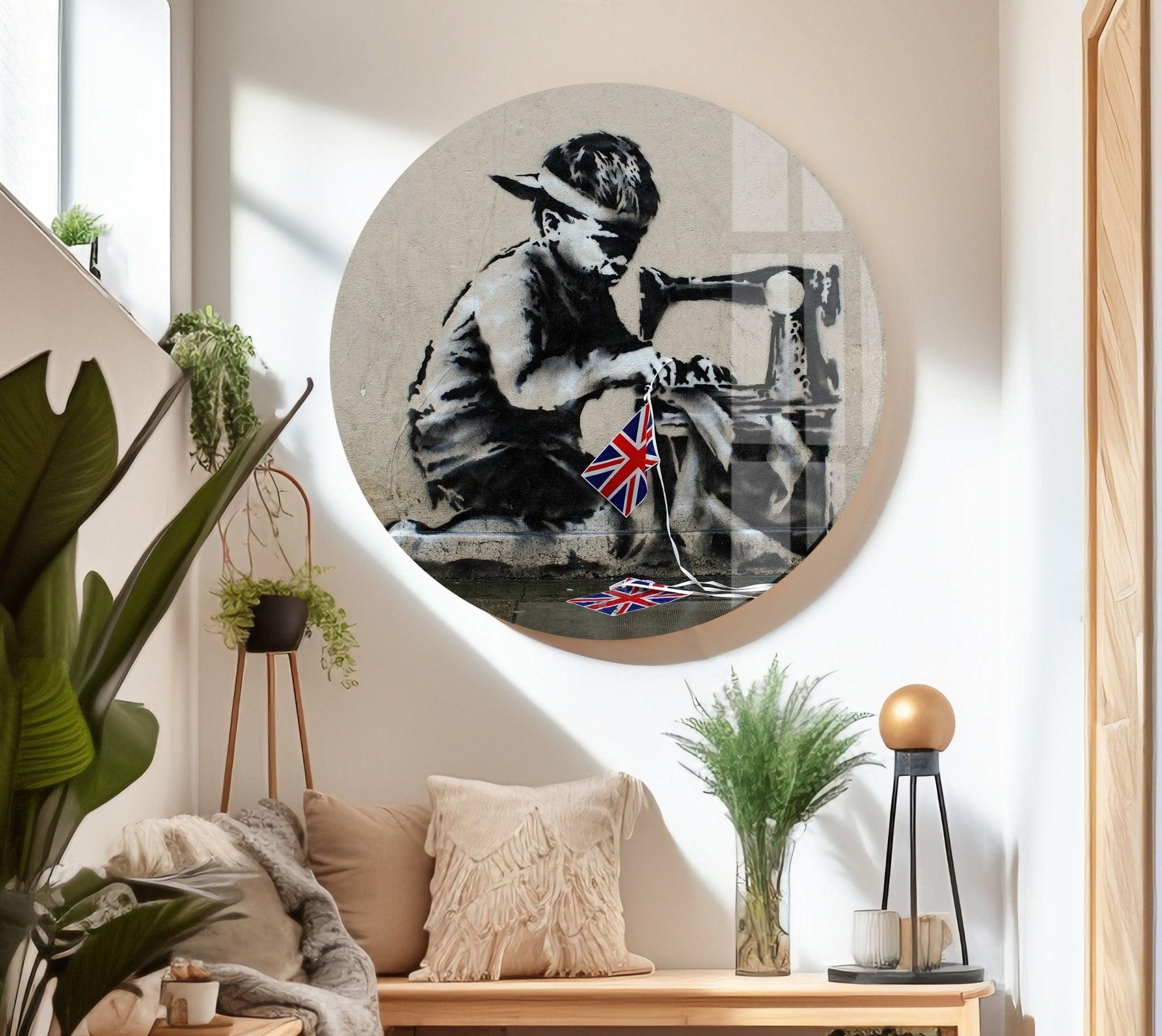 Banksy UK Flag Glass Wall Art - Modern British Street Art Decor for Living Room, Office & Gifts