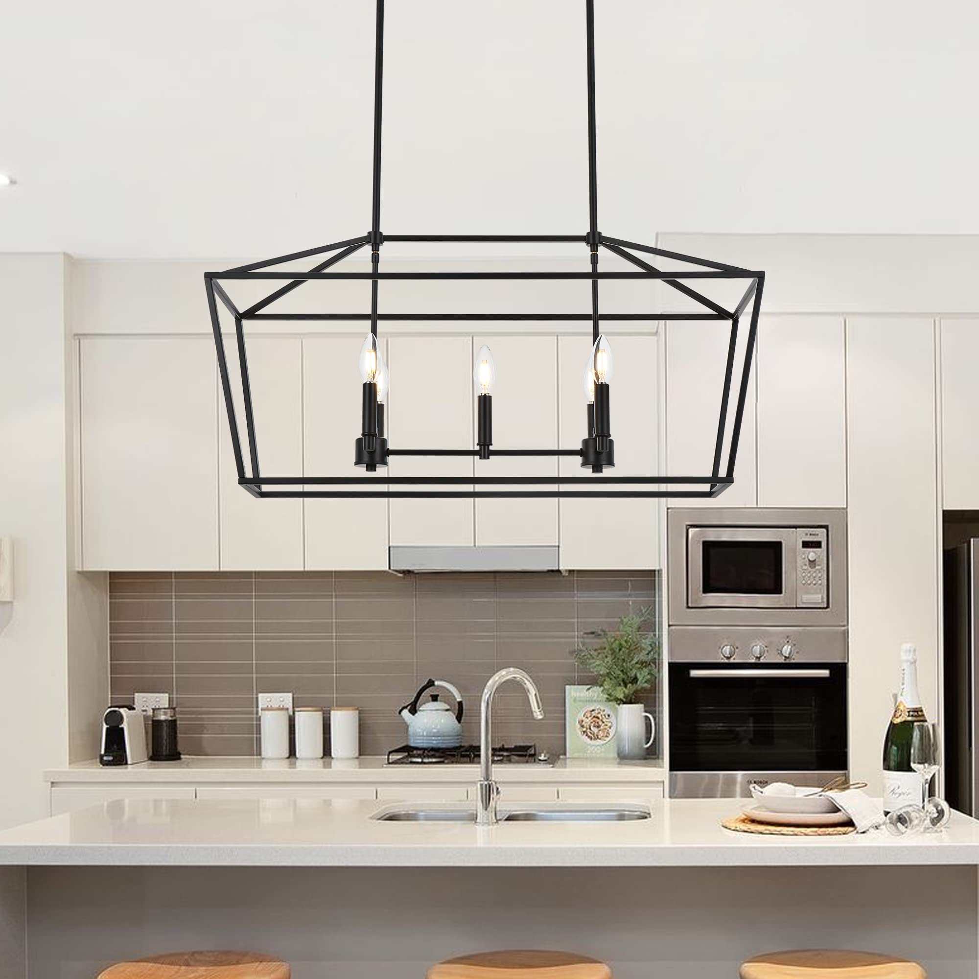 Melucee 5-Light Linear Kitchen Island Chandelier - Traditional Farmhouse Style Matte Black Pendant Lighting with E12 Base | Perfect for Dining Room, Foyer & Restaurant Decor