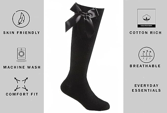ITRAT® 2 Pairs Girls Knee High School Socks - Cotton Uniform Socks with Fluffy Ribbon Bows for Comfort & Style | Perfect for School, Party Wear, Dance, and Everyday Outfits