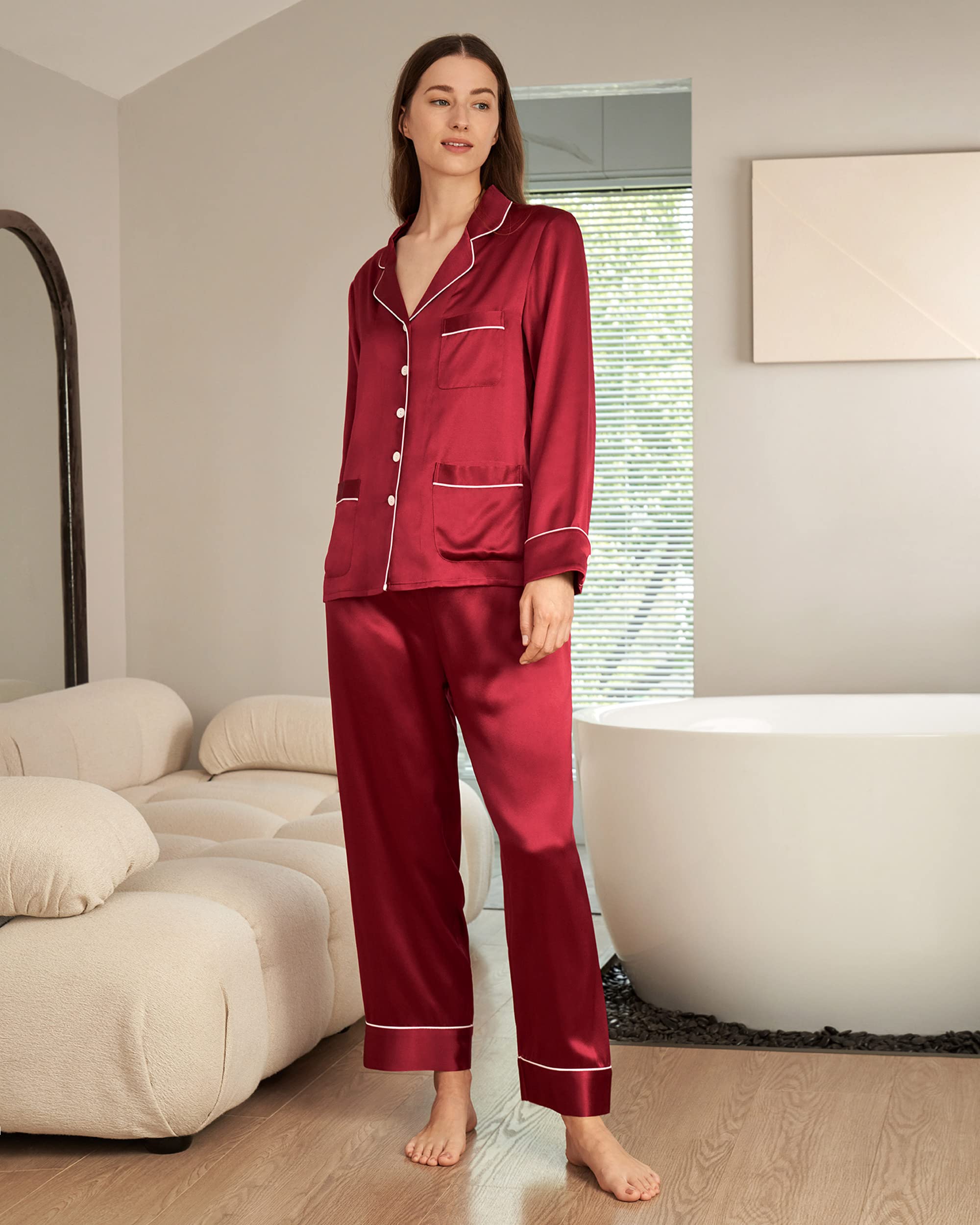 LilySilk Women's Long Sleeve Silk Pajama Set - V Neck Notch Collar with White Trim - Luxurious Sleepwear for Women - Perfect for Nighttime Comfort, Bridal Shower Gifts & Relaxing at Home