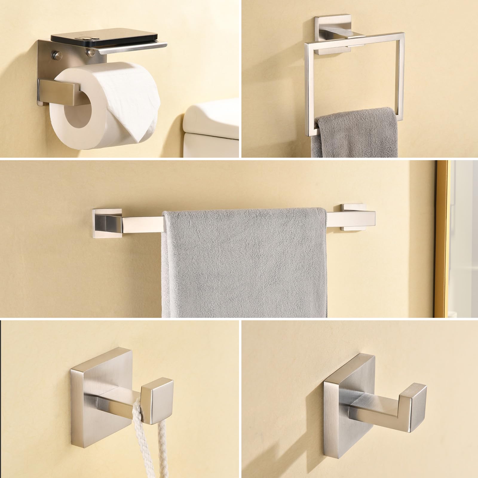 5-Piece Brushed Nickel Bath Towel Bar Set - 16-Inch Wall Mounted Towel Rod, Rack, Toilet Paper Holder with Shelf & 2 Robe Hooks | Modern Bathroom Hardware Accessories for Spa-Like Luxury (Perfect for Master Bath, Guest Bath & Powder Room Decor)