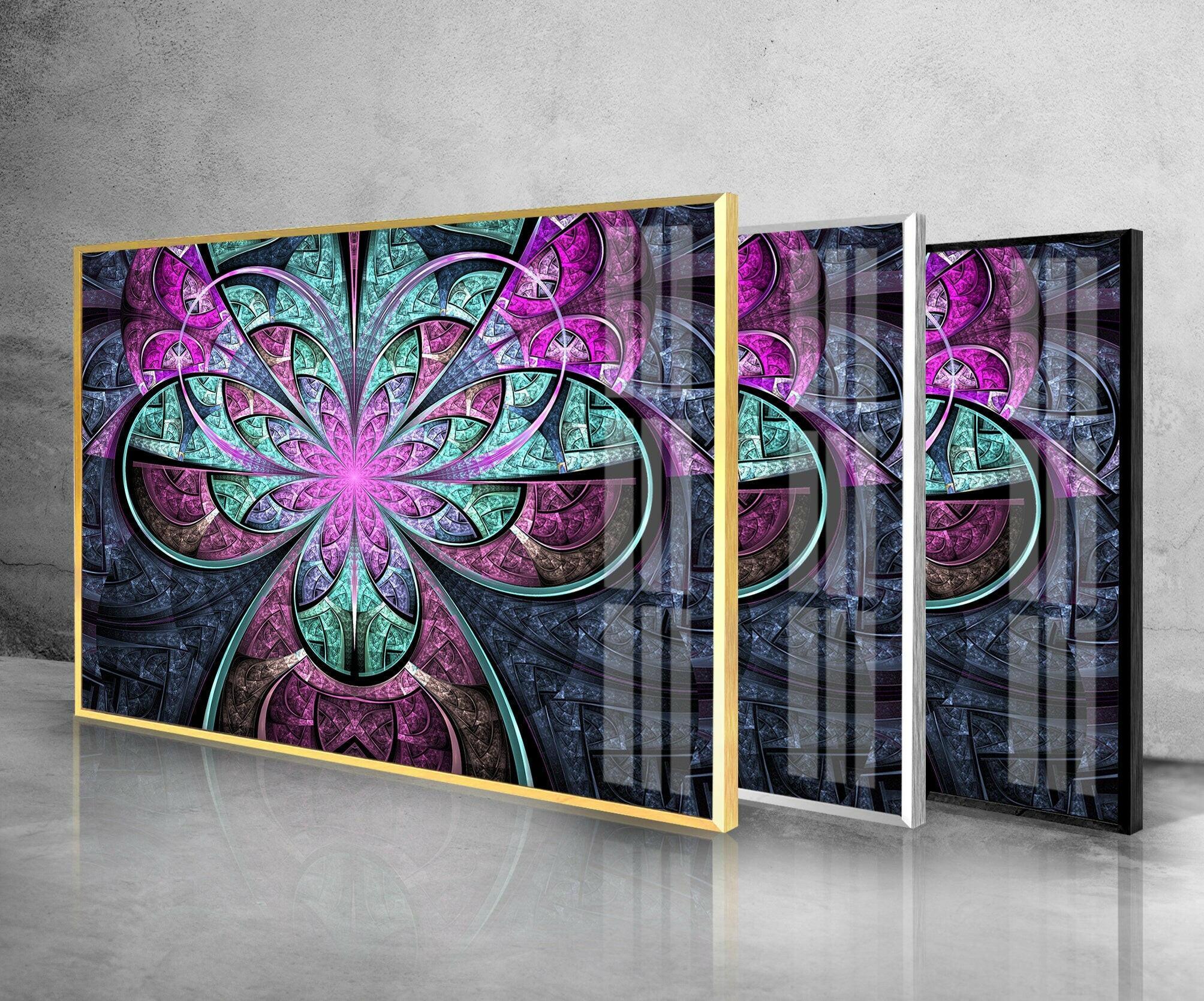 Abstract Fractal Purple Flower Glass Wall Art - Modern Home Decor for Living Room, Bedroom & Office - Handmade Glass Mural for Unique Interior Design
