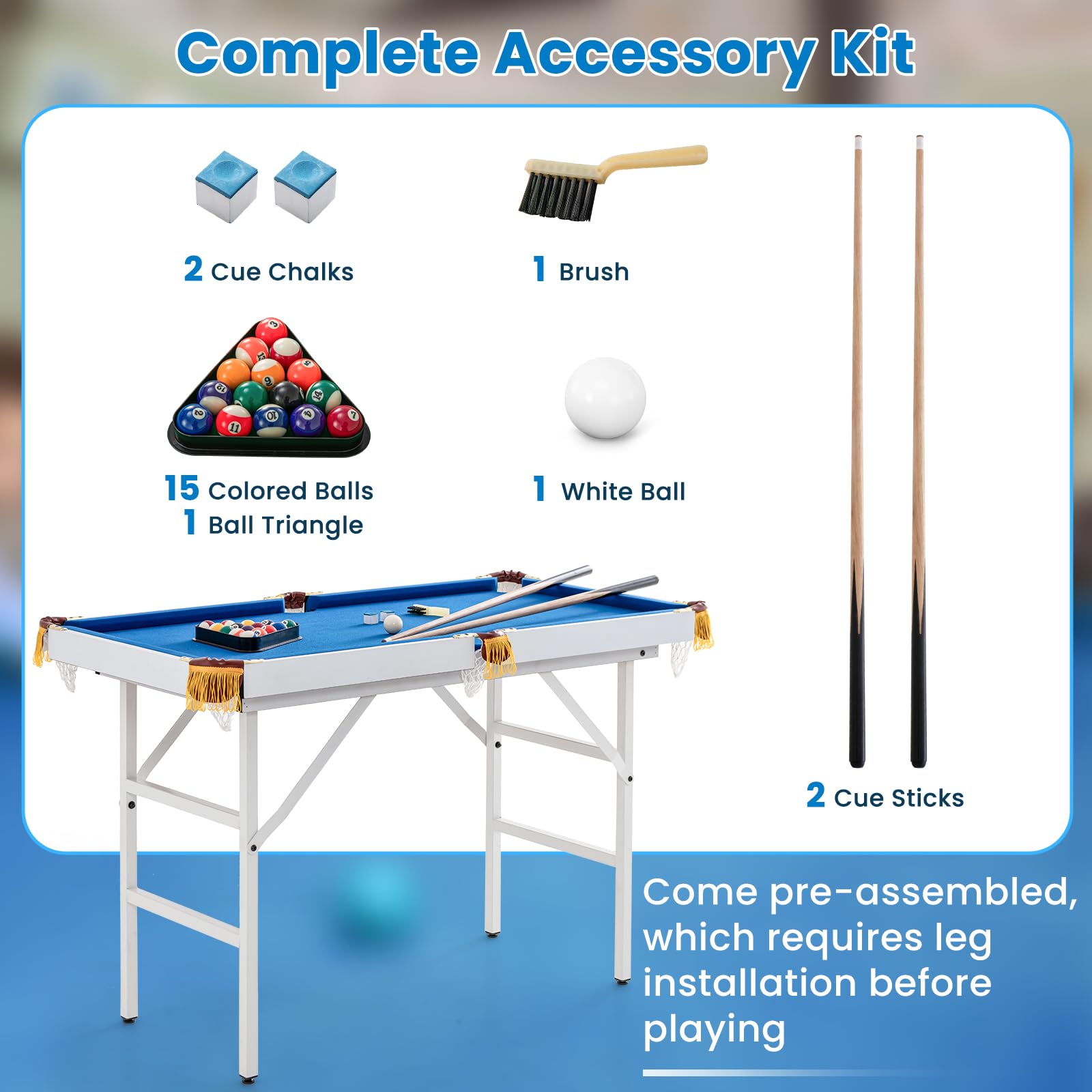 HONEY JOY 48 Inch Portable Folding Pool Table Set - 4 FT Mini Billiard Table with 2 Cue Sticks, 16 Balls, Triangle Rack, 2 Chalks & Brush - Indoor Outdoor Game Table for Kids Adults & Family Game Room - Perfect for Home Entertainment, Parties & Backyard Fun