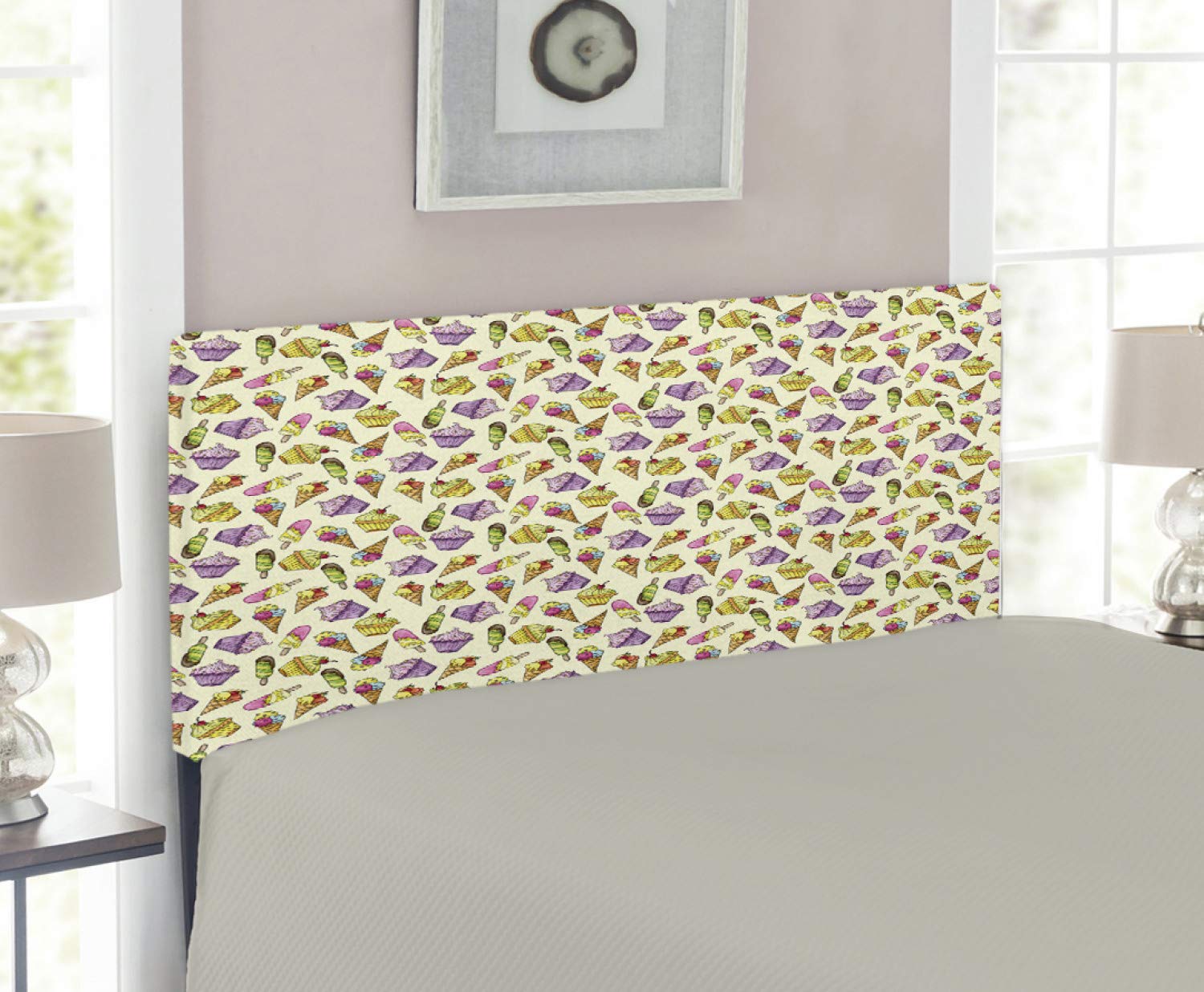 Ambesonne Ice Cream Themed Headboard - Yummy Cupcakes Chocolate Party Design with Cherry Cones Fruit Pattern, Upholstered Decorative Metal Bed Frame with Memory Foam Padding, Twin Size Multicolor Headboard for Kids Room & Sweet Themed Bedroom Decor