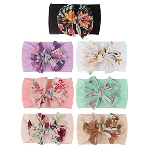 VALICLUD Baby Headbands with Bunny Ears - 7 Pack Purple Stretchy Hair Ties for Girls, Soft Scrunchies with Bowknot & Floral Print - Boho Style Headwear for Newborn, Infant, Toddler - Perfect for Photos, Parties, and Everyday Outfits