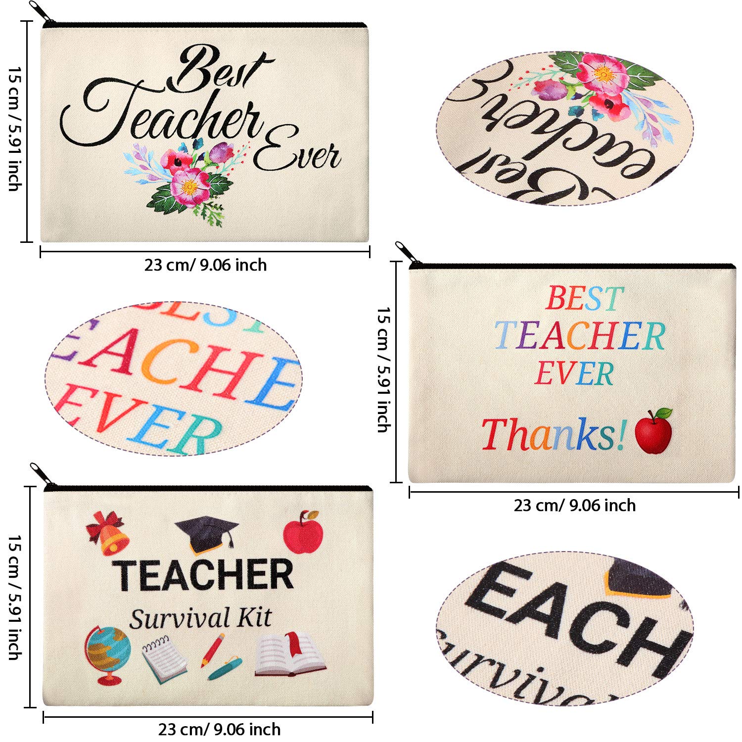 15-Piece Canvas Makeup Bag Set for Teachers - Cosmetic Pouch, Pencil Case & Travel Toiletry Organizer with Zipper - Perfect Teacher Appreciation Gift (3 Styles) - Great for School, Travel & Daily Organization