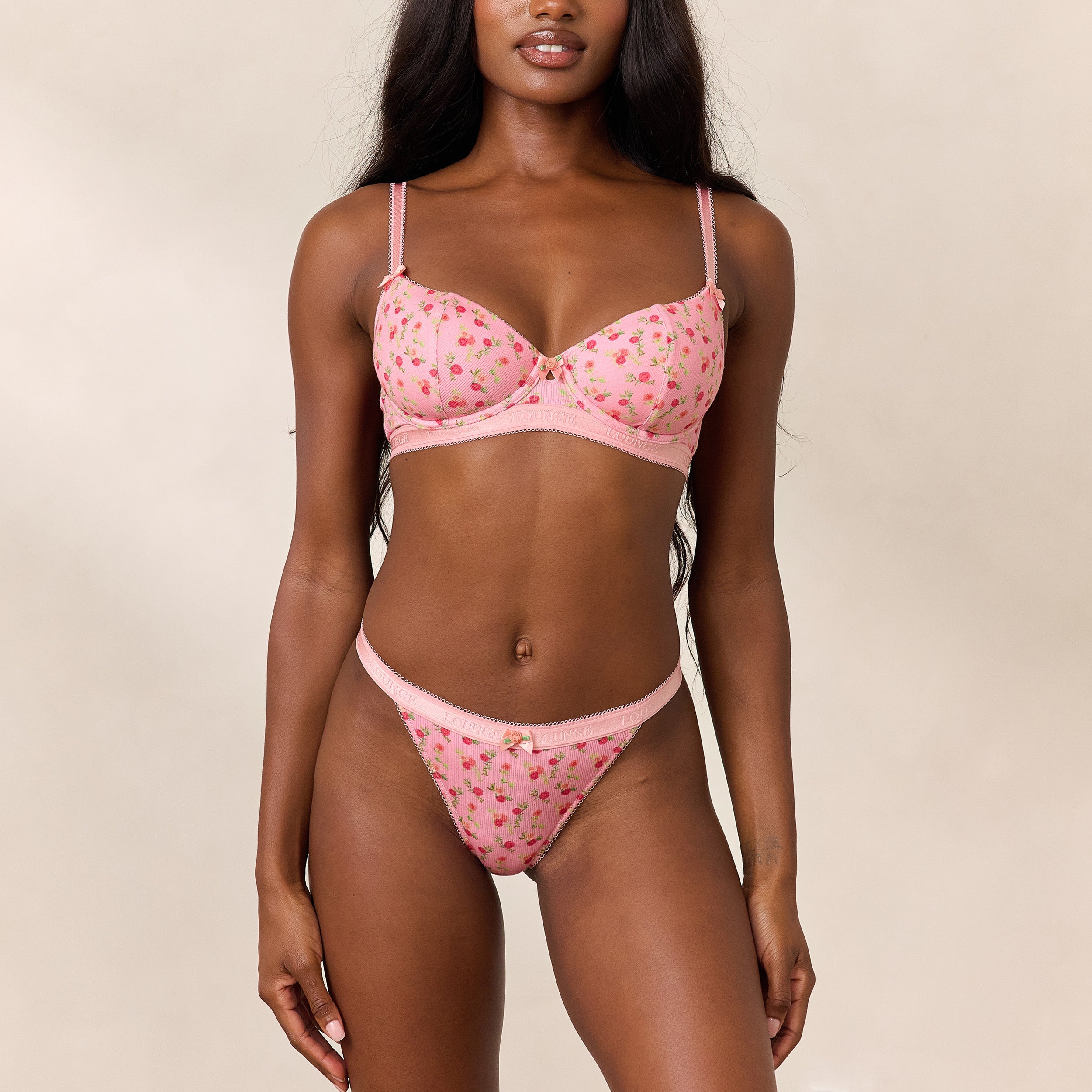 Rosebud Ribbed Balcony Bra - Pink Floral Lace Underwire Bra for Women | Comfortable Everyday Wear & Special Occasions