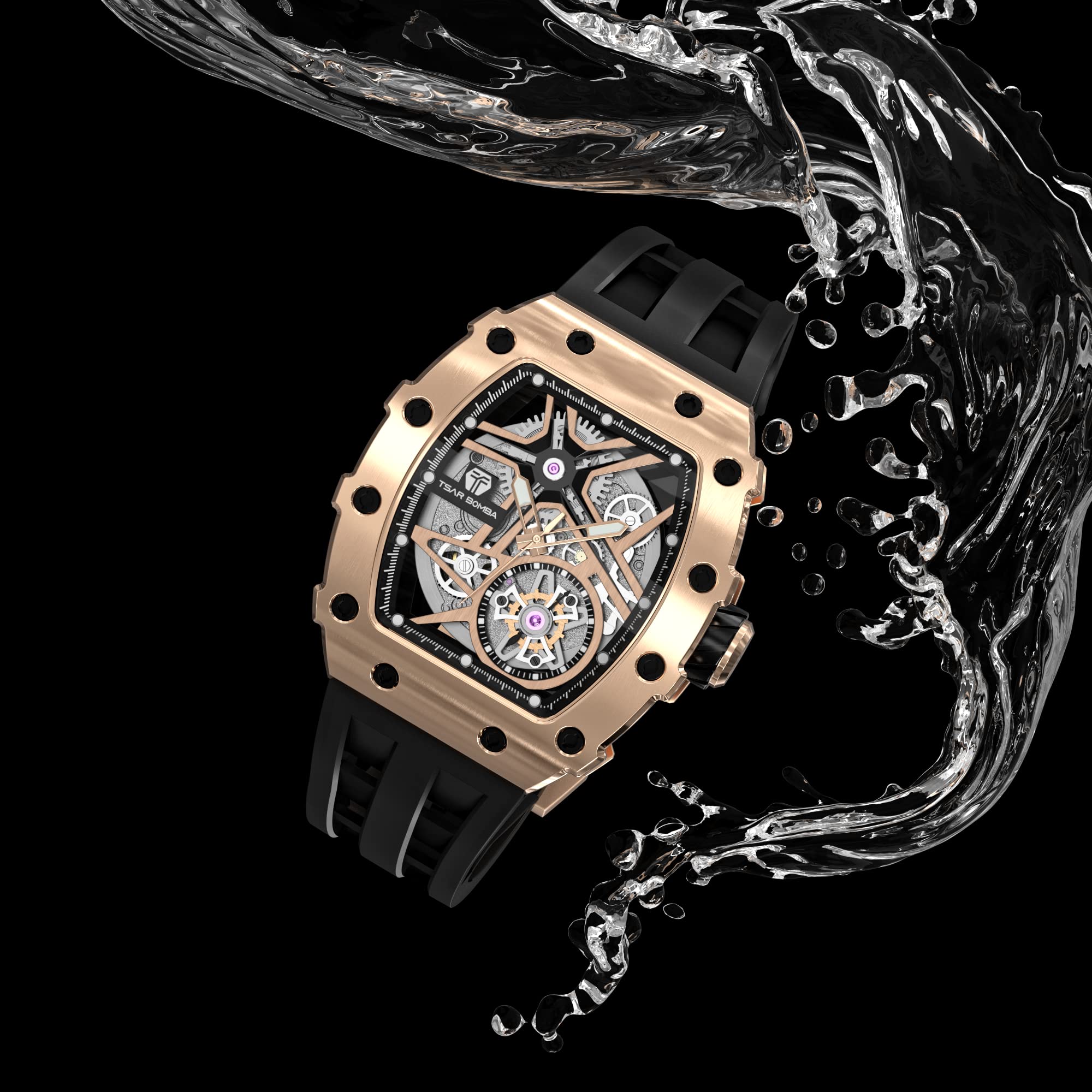 TSAR BOMBA Men's Luxury Automatic Skeleton Watch - Silver Square Big Face with Silicone Strap - 50M Waterproof Analog Watch for Business, Work & Formal Occasions - Unique Cool Gift for Men