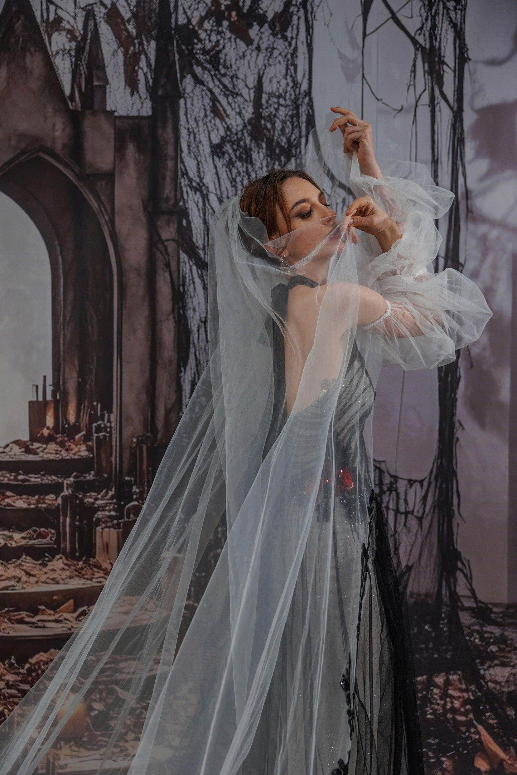 Elegant One-Tier Lace Edge Tulle Cathedral Wedding Veil with Appliques & Sequins - Perfect for Bridal Ceremonies, Photos & Formal Occasions