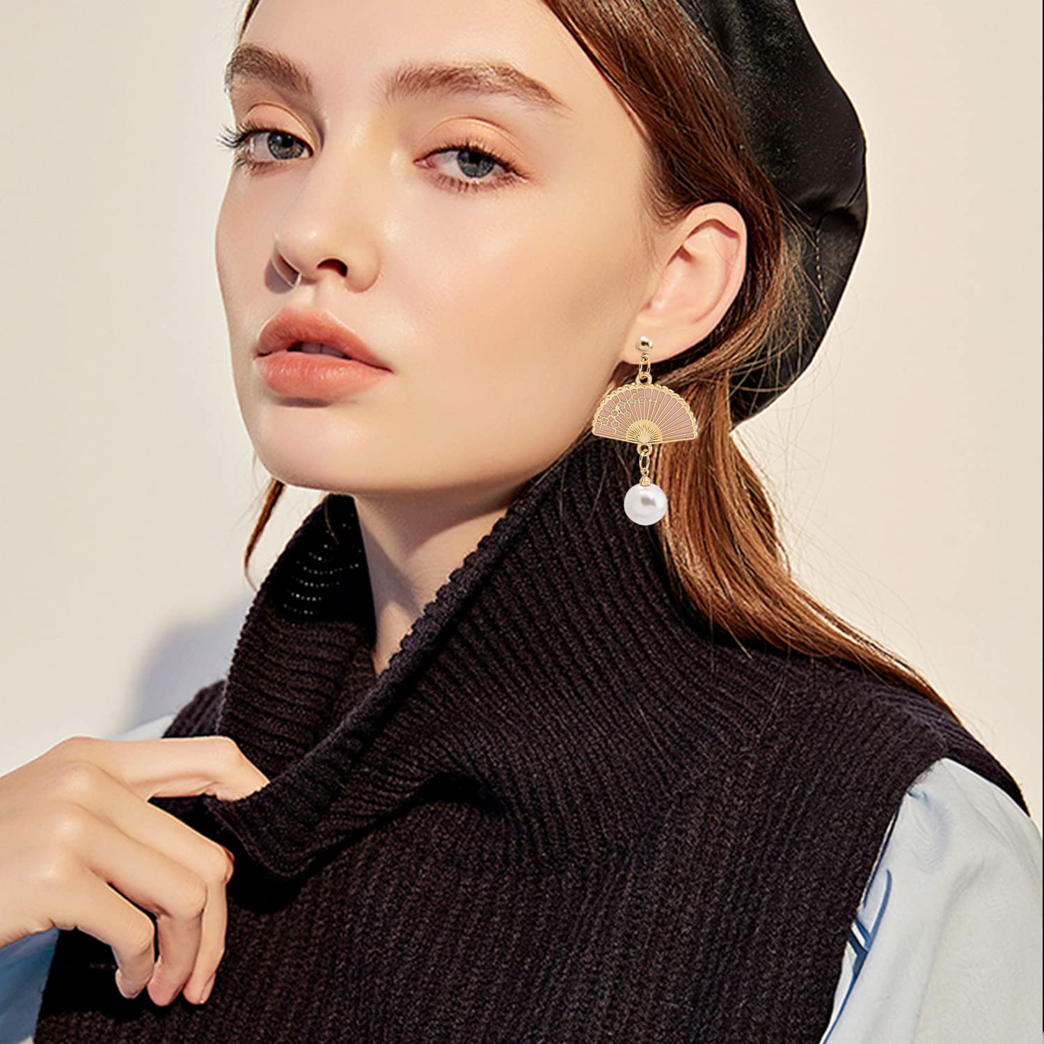 YUNXI Pearl Fan Drop Earrings - Small Dangle Studs, Cute Retro Ethnic Style for Women | Perfect for Parties, Weddings & Everyday Wear