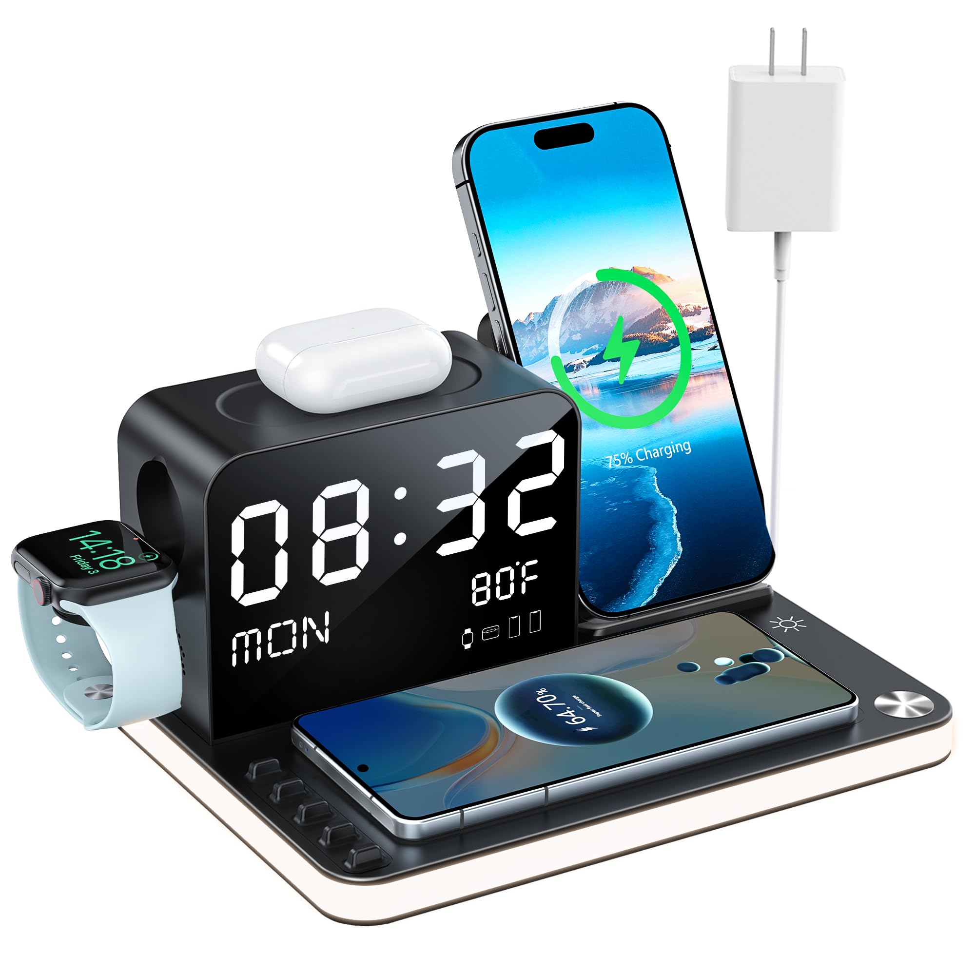 7-in-1 Wireless Charging Station for iPhone 16/15/14/13/12 Series, AirPods, iWatch & Android Phones - 33W Fast Charger with Night Light, Bluetooth TimeSync & Temperature Display | Perfect for Bedside, Office Desk & Travel Charging