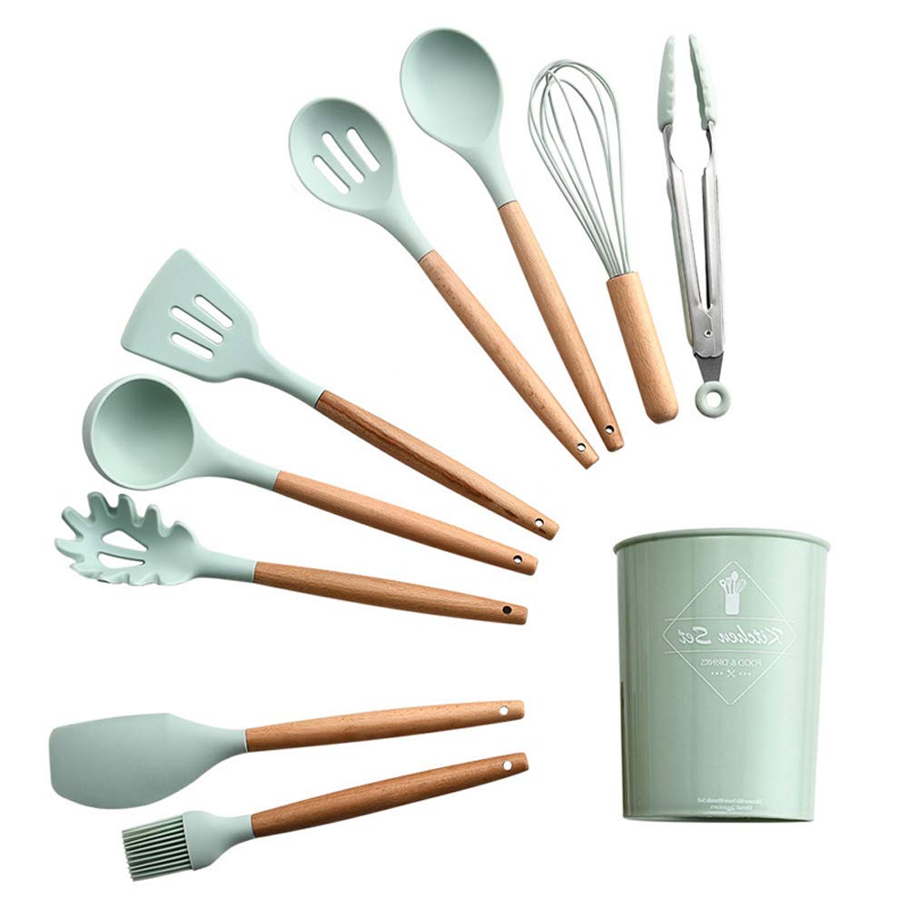 Acici 9-Piece Silicone Kitchen Utensil Set with Holder - Non-Stick, Heat Resistant Cooking Tools Including Turner, Tongs, Spatula & Spoon for Baking & Frying - Light Green (YL01) - Perfect for Home Chefs & Professional Kitchens