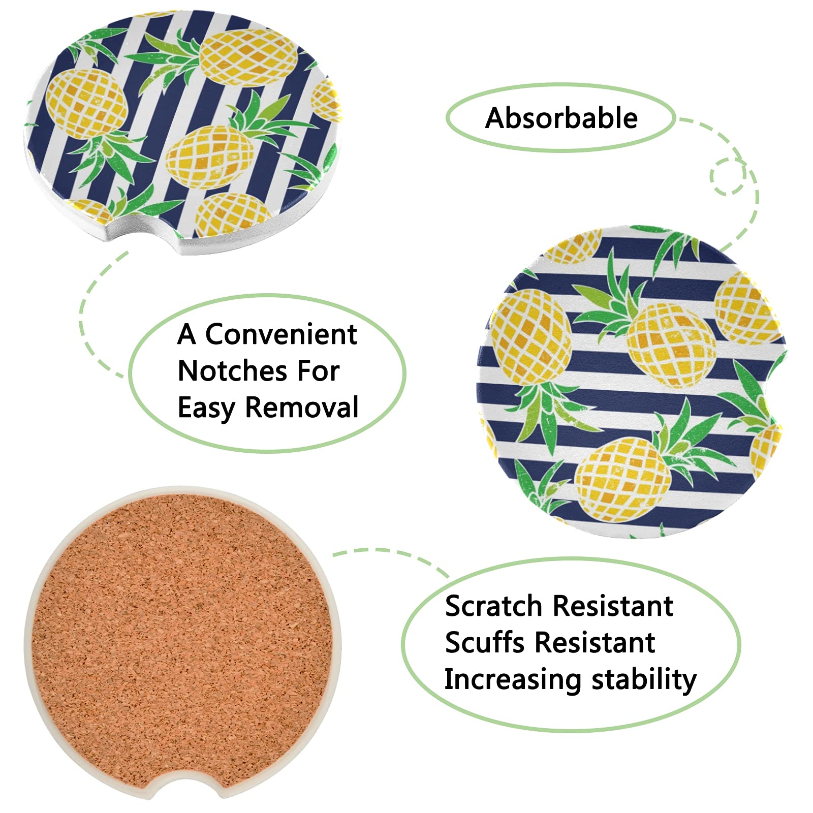 2 Pack Absorbent Ceramic Car Cup Holder Coasters - Non-Slip Pineapple Design for Drinks, 2.5 Inch - Perfect for Cars, Trucks & SUVs (Great Gift for Coffee & Tea Lovers)