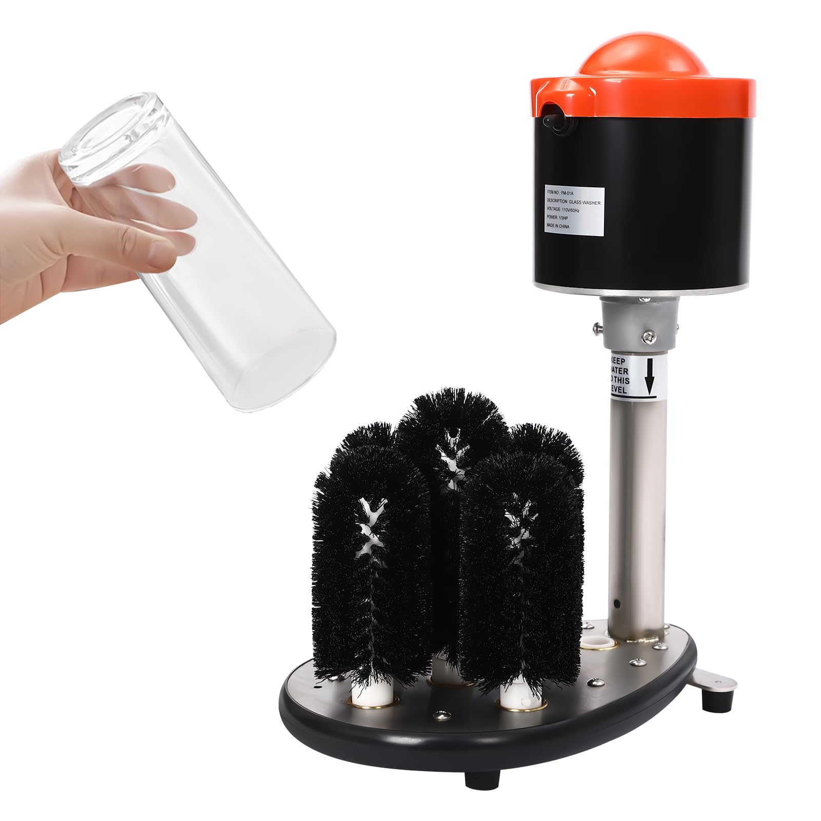 Commercial Electric Glass Washer Machine - 5 Brush 304 Stainless Steel 240RPM Waterproof Automatic Wine Glass & Bottle Cleaner (Red) | Perfect for Bars, Restaurants, and Home Kitchen Use