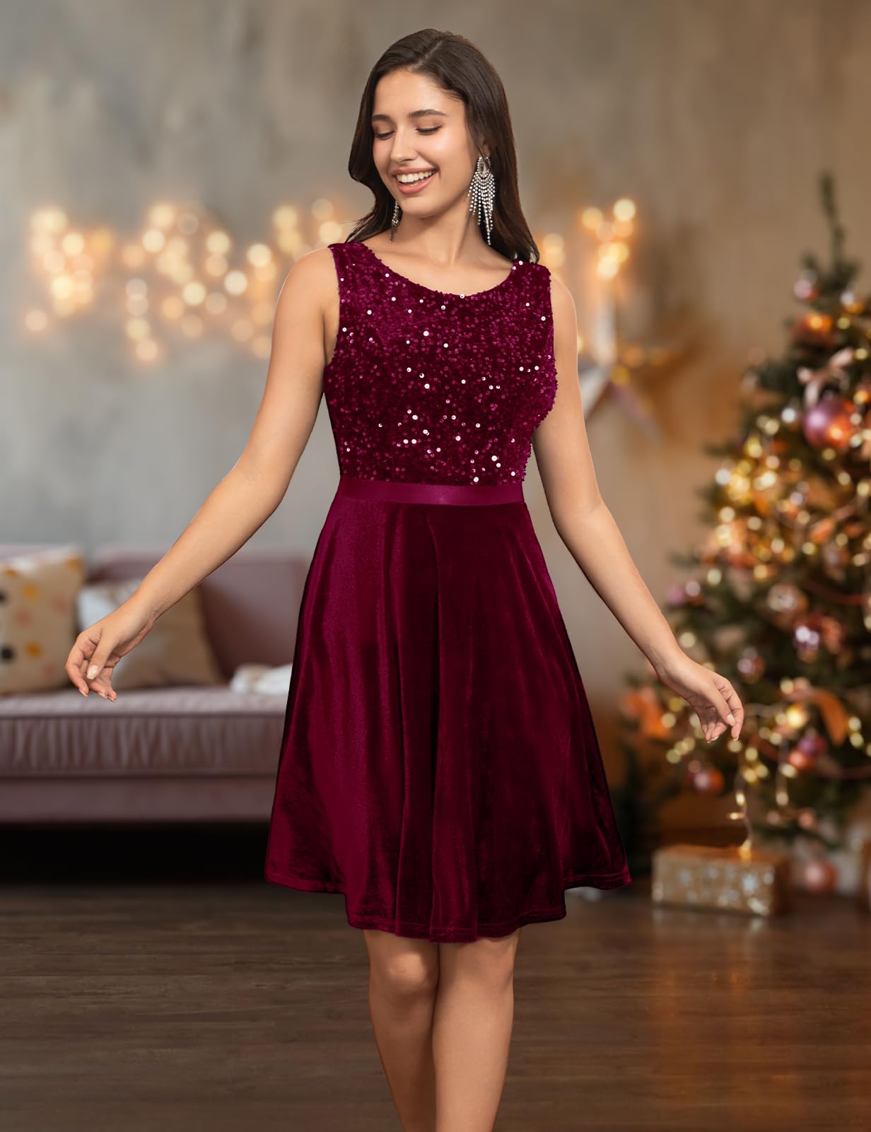 Elegant Velvet Sequin Dress for Women - Boat Neck Sleeveless Evening Gown for Party, Formal Events & Special Occasions | Perfect for Cocktail Parties, Weddings & Holiday Celebrations