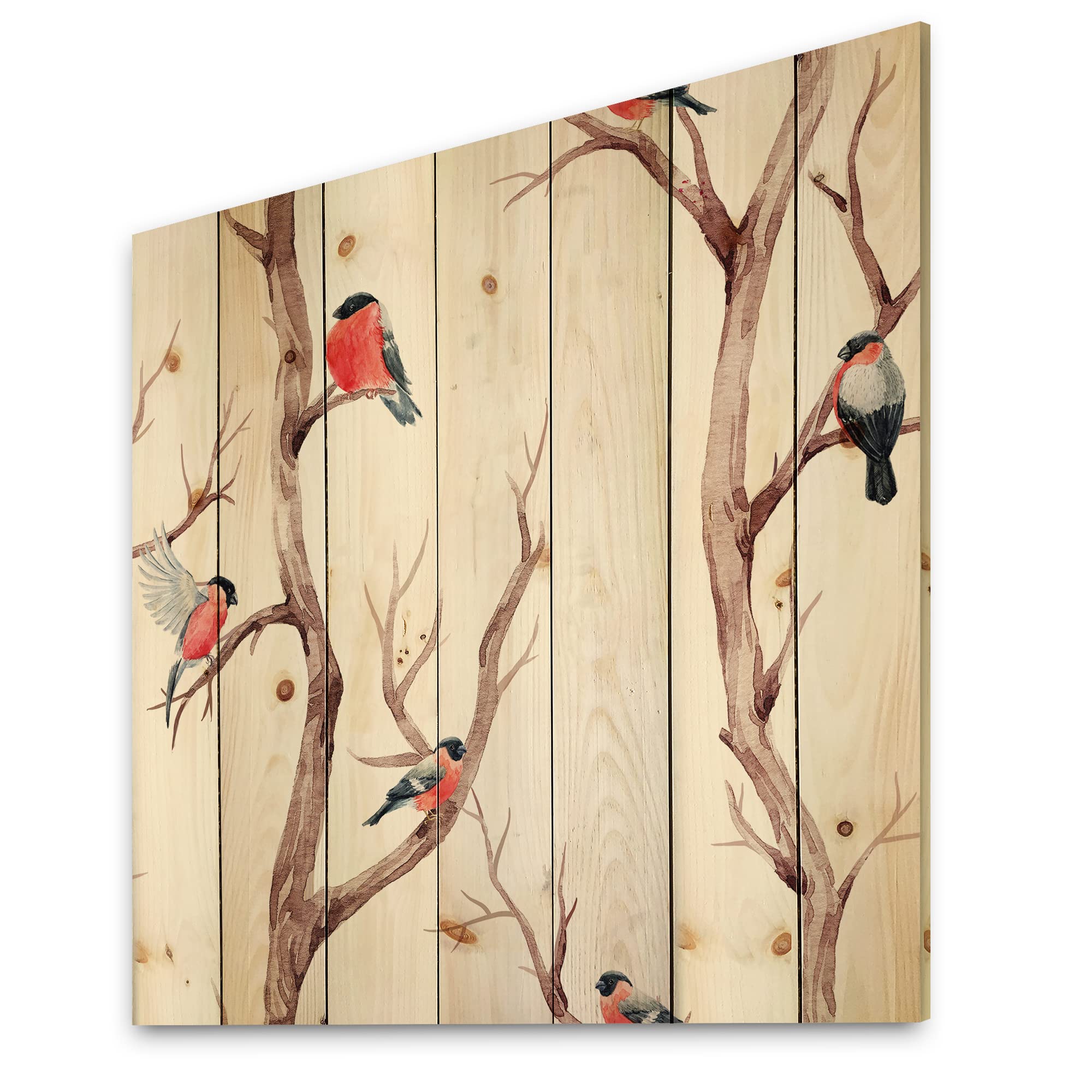 DesignQ Little Birds on Tree Branches III - Traditional Wood Wall Decor, White Wood Wall Art, Large Animal Wood Panels Printed on Natural Pine - Perfect for Living Room, Bedroom & Office Decor