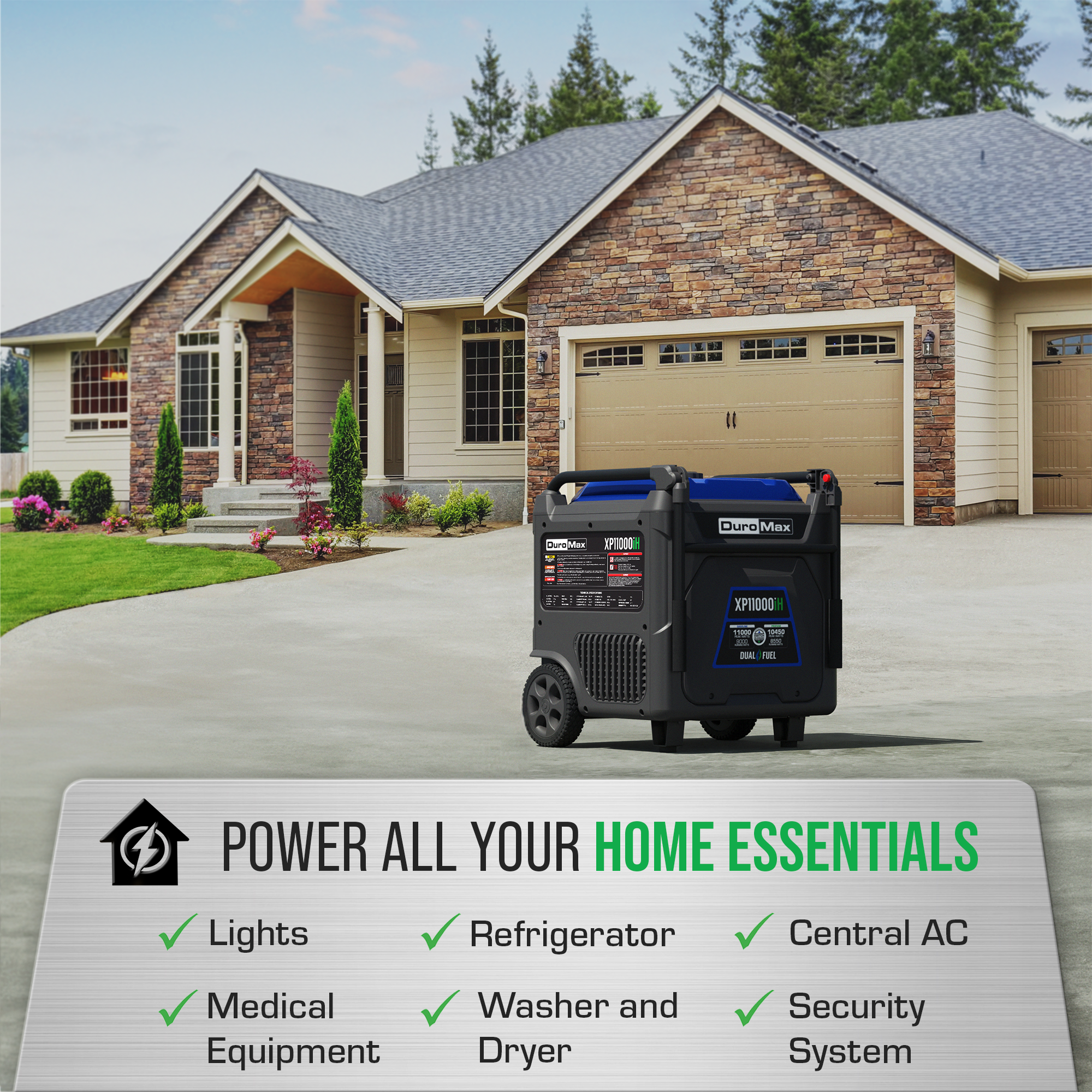 11,000W Dual Fuel Portable Inverter Generator with CO Detection - Perfect for Camping, RV Trips & Emergency Power Backup