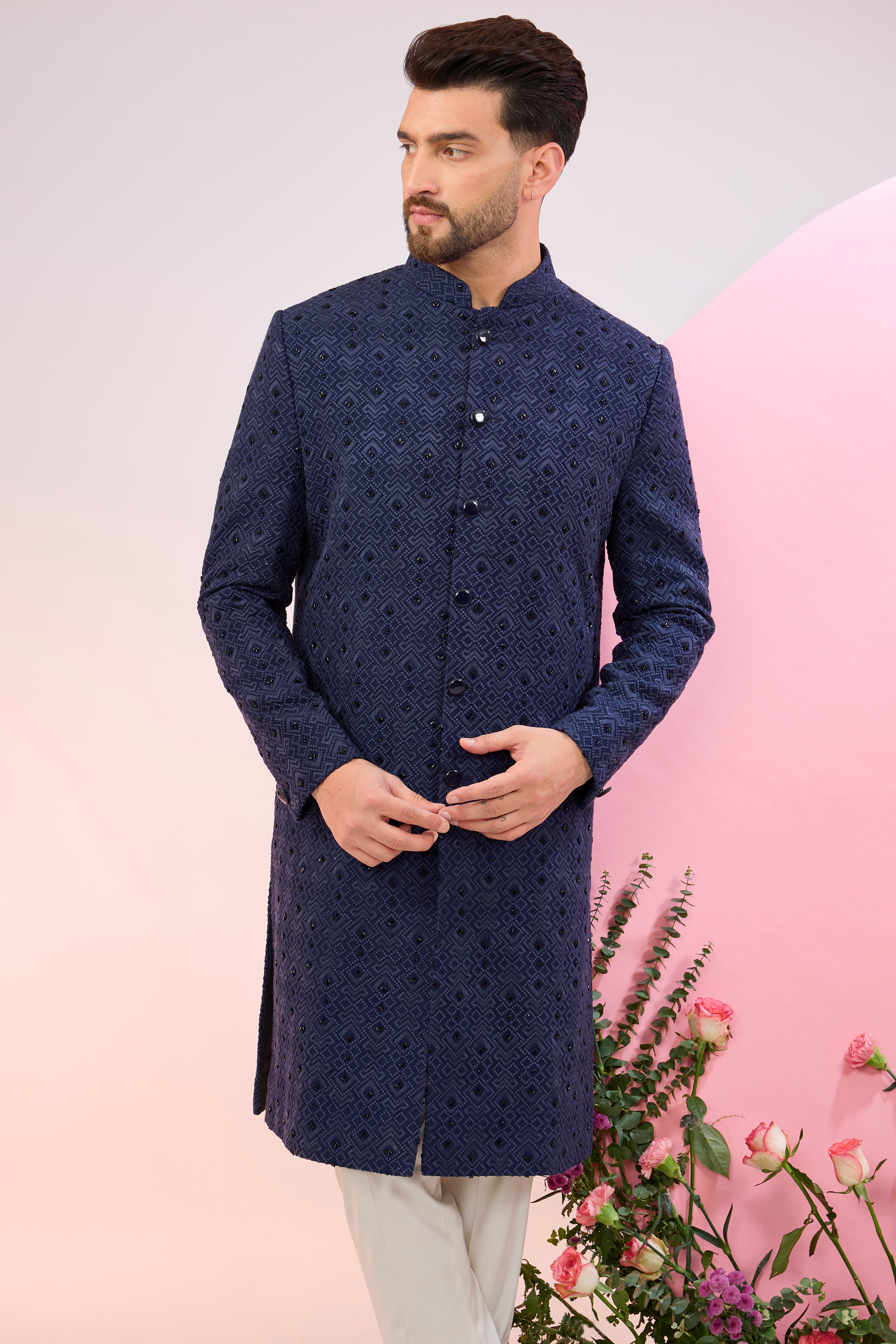 Elegant Navy Blue Embroidered Sherwani for Men with Geometric Patterns & Dana Work - Perfect for Weddings, Festivals & Special Occasions