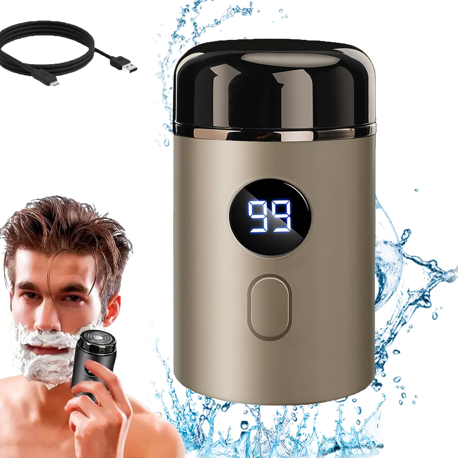 Timeatea 3D Floating Electric Shaver - Waterproof Portable Men's Razor with LED Power Display, Mini Travel Shaver for Smooth Shaving at Home, Gym or Business Trips (Gold)