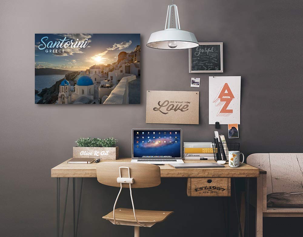 Santorini Greece Sunset Coastal Town Wall Art - 16x24 Wrapped Canvas Print for Living Room, Bedroom & Office Decor - Mediterranean Landscape Painting for Home & Office