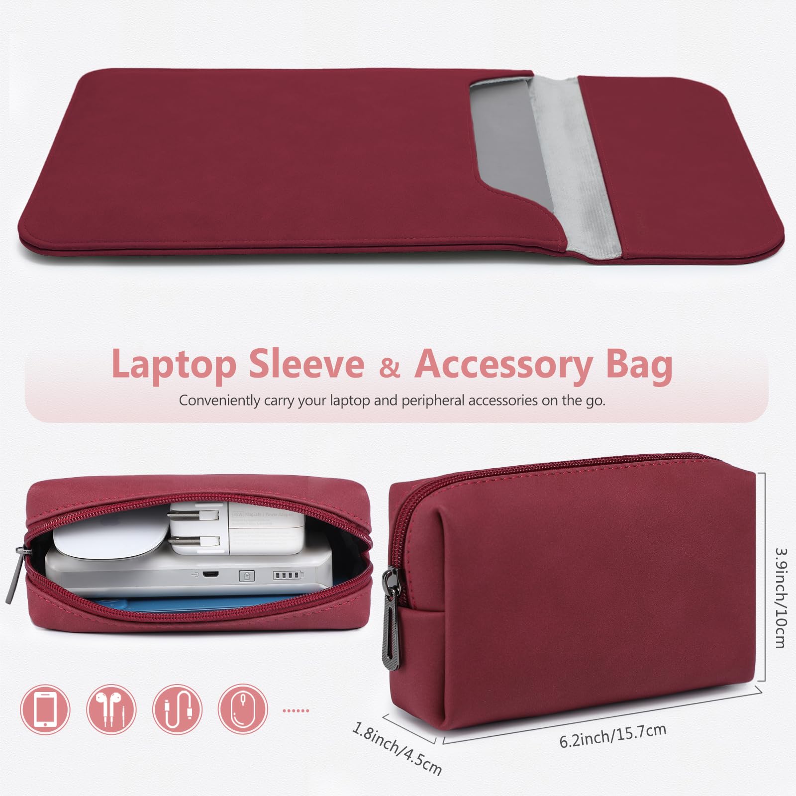 Premium 15-16 Inch Laptop Sleeve for MacBook Pro 16 (M4/M3/M2/M1 Pro/Max 2025-2019) & MacBook Pro 15 (2015-2012) | Faux Suede Leather Protective Case with Accessory Bag | Perfect for Travel, Office & School Use - Wine Red