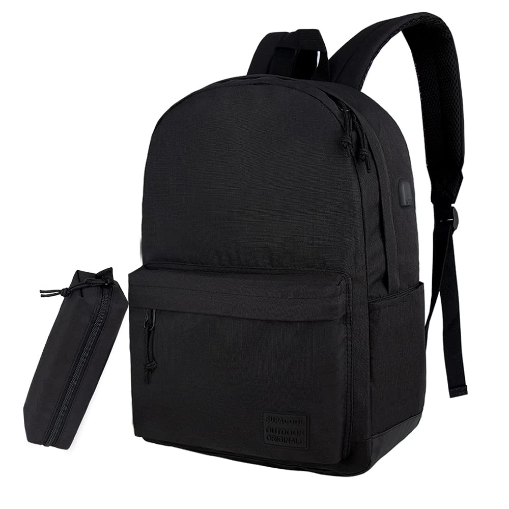 SUPACOOL Lightweight School Backpack with Pencil Pouch - Durable Bookbag for Boys & Girls (Black) - Perfect for School, Travel & Daily Use