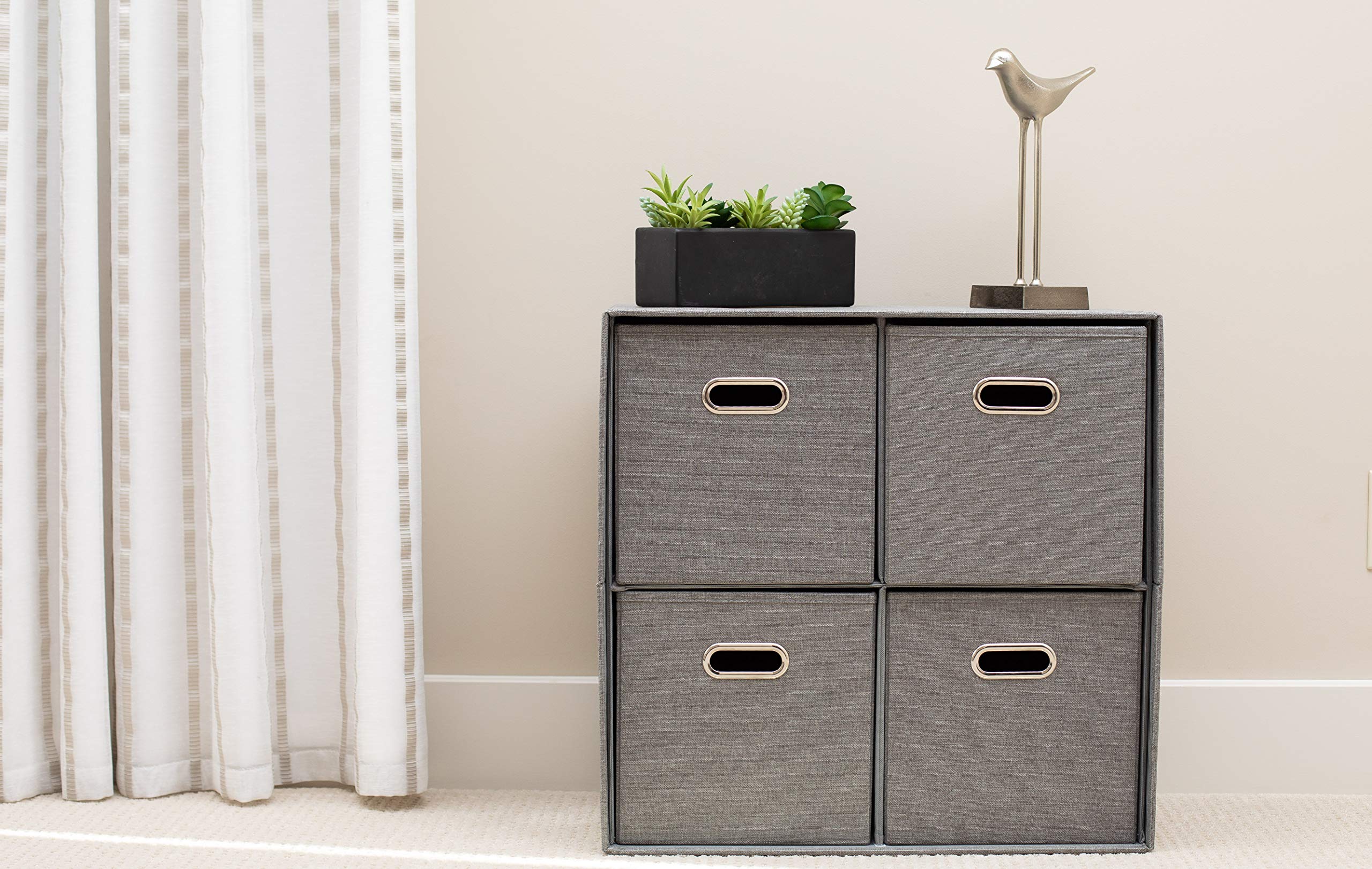 BIRDROCK HOME 4-Bin Linen Cube Organizer Shelf - Durable Collapsible Storage Unit for Bedroom, Closet, Dorm | Space-Saving Shelving for Toys, Clothes, Towels | Grey Home Organization Solution (Perfect for Small Spaces & Kids' Rooms)